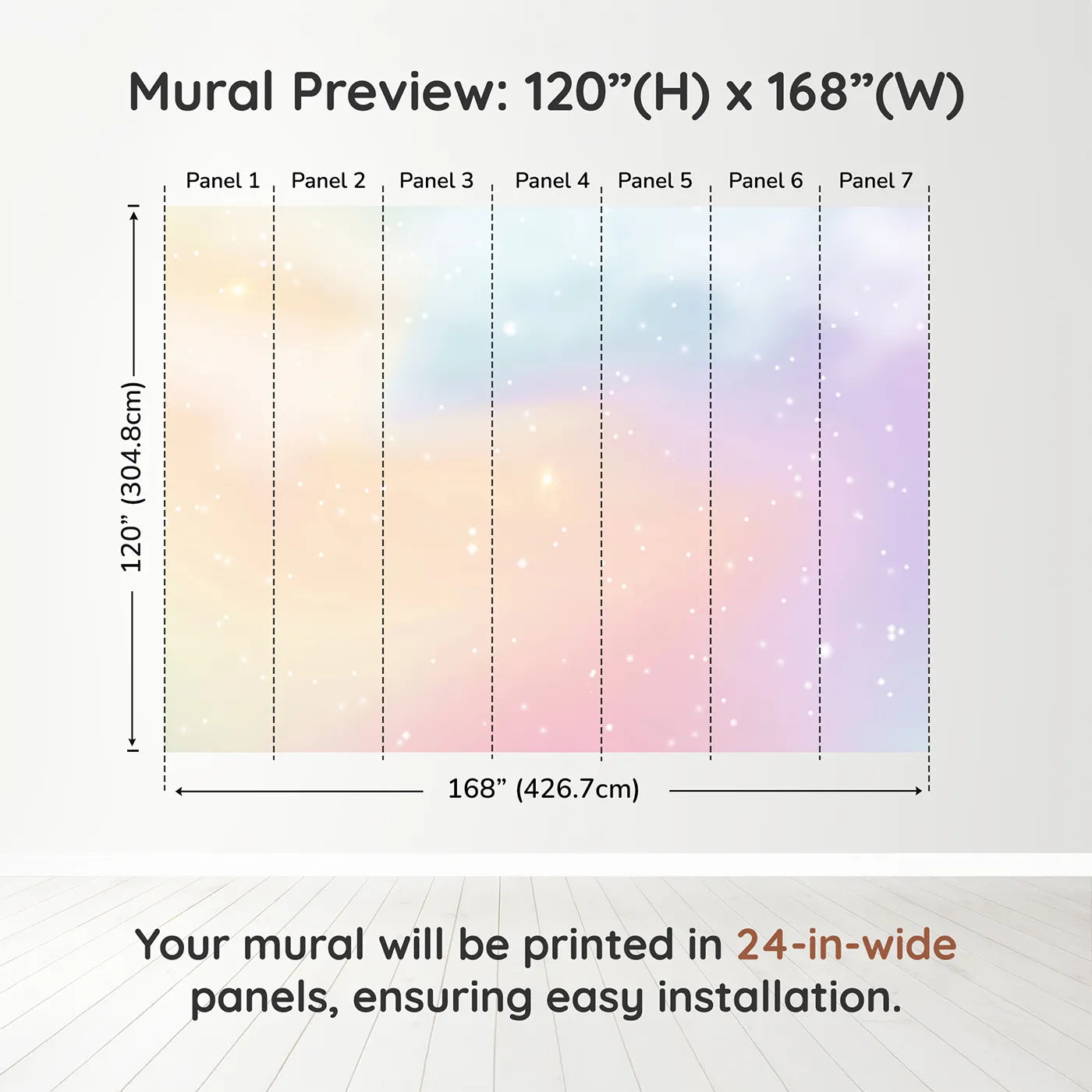 Whimsy Tots Pastel Dream Cloud Wall Muraldimension view (120" H x 168" W). Printed in seven 24-inch-wide panels. Gender-Neutral