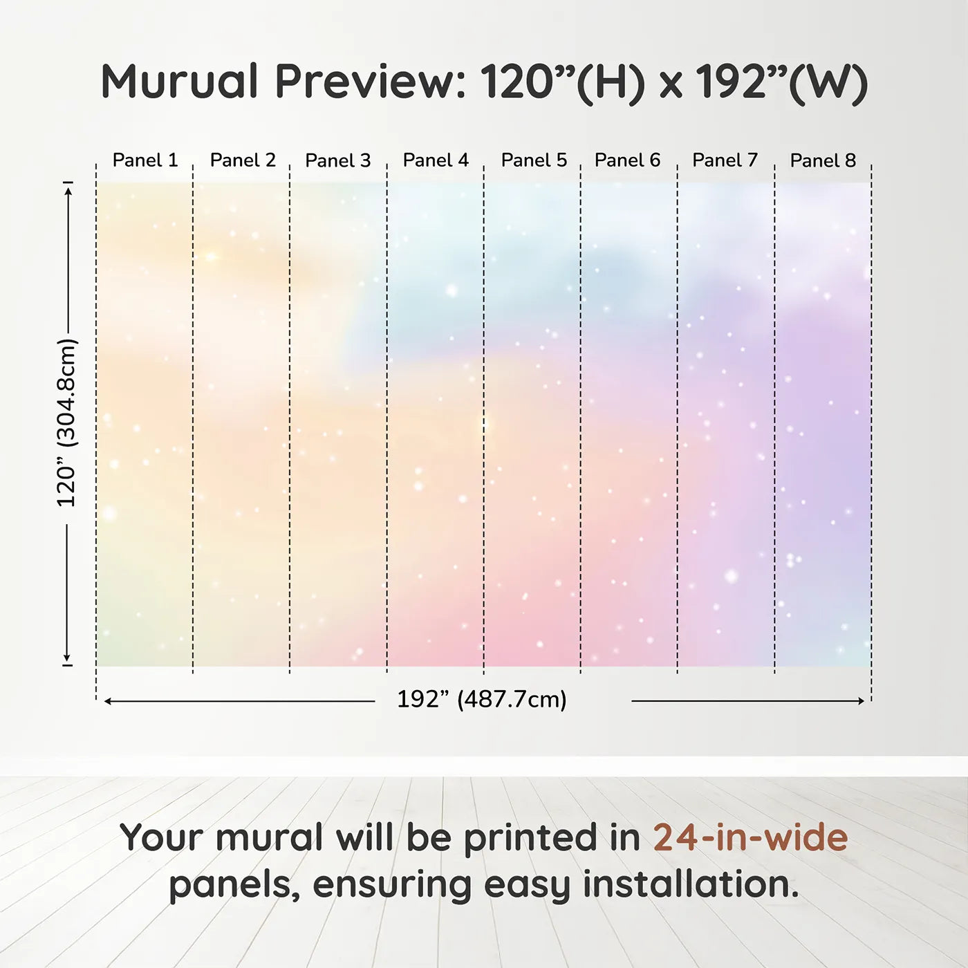 Whimsy Tots Pastel Dream Cloud Wall Muraldimension view (120" H x 192" W). Printed in eight 24-inch-wide panels. Gender-Neutral