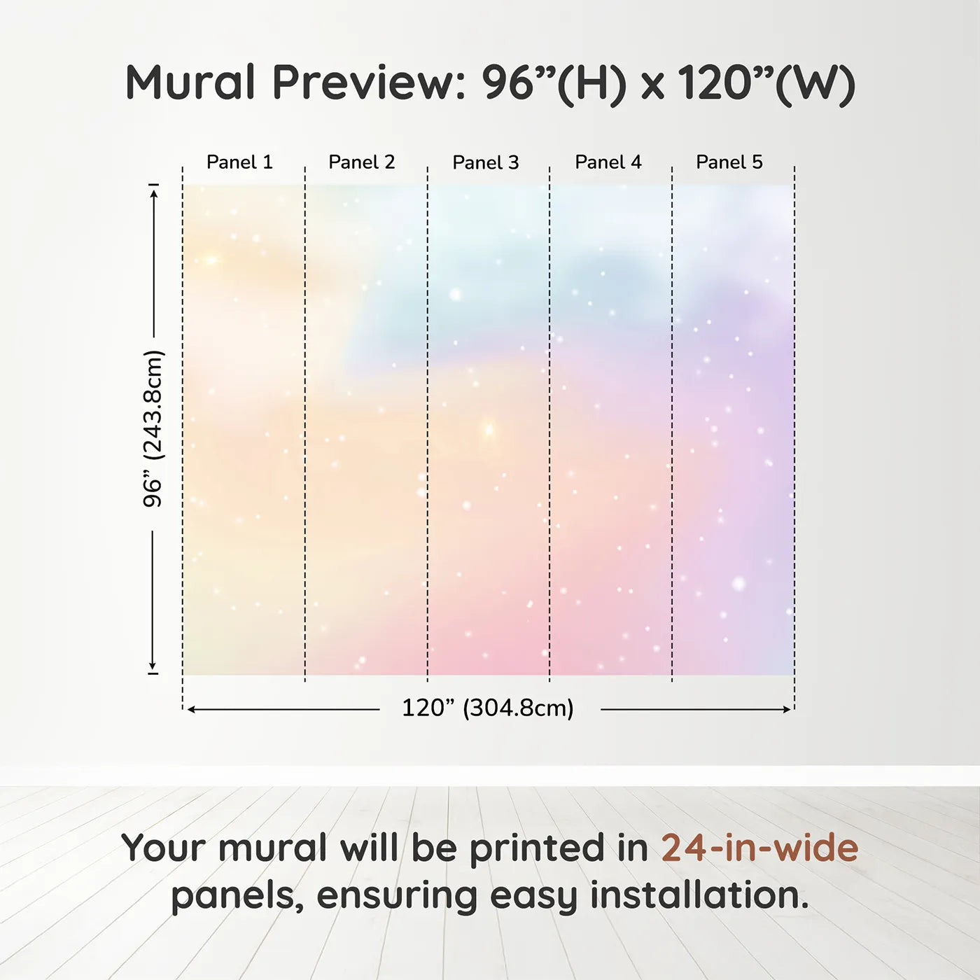 Whimsy Tots Pastel Dream Cloud Wall Muraldimension view (96" H x 120" W). Printed in five 24-inch-wide panels. Gender-Neutral