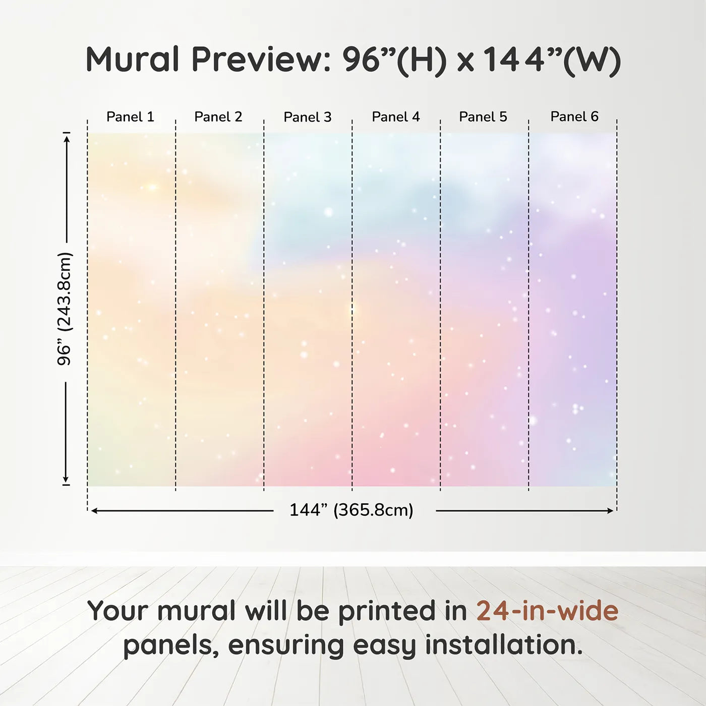 Whimsy Tots Pastel Dream Cloud Wall Muraldimension view (96" H x 144" W). Printed in six 24-inch-wide panels. Gender-Neutral