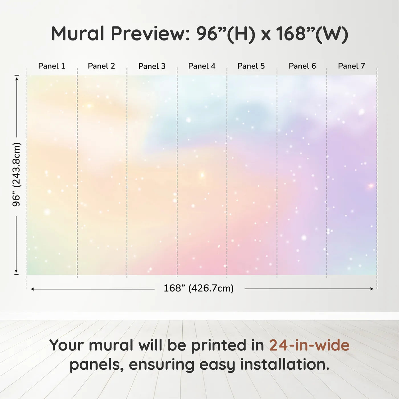 Whimsy Tots Pastel Dream Cloud Wall Muraldimension view (96" H x 168" W). Printed in seven 24-inch-wide panels. Gender-Neutral