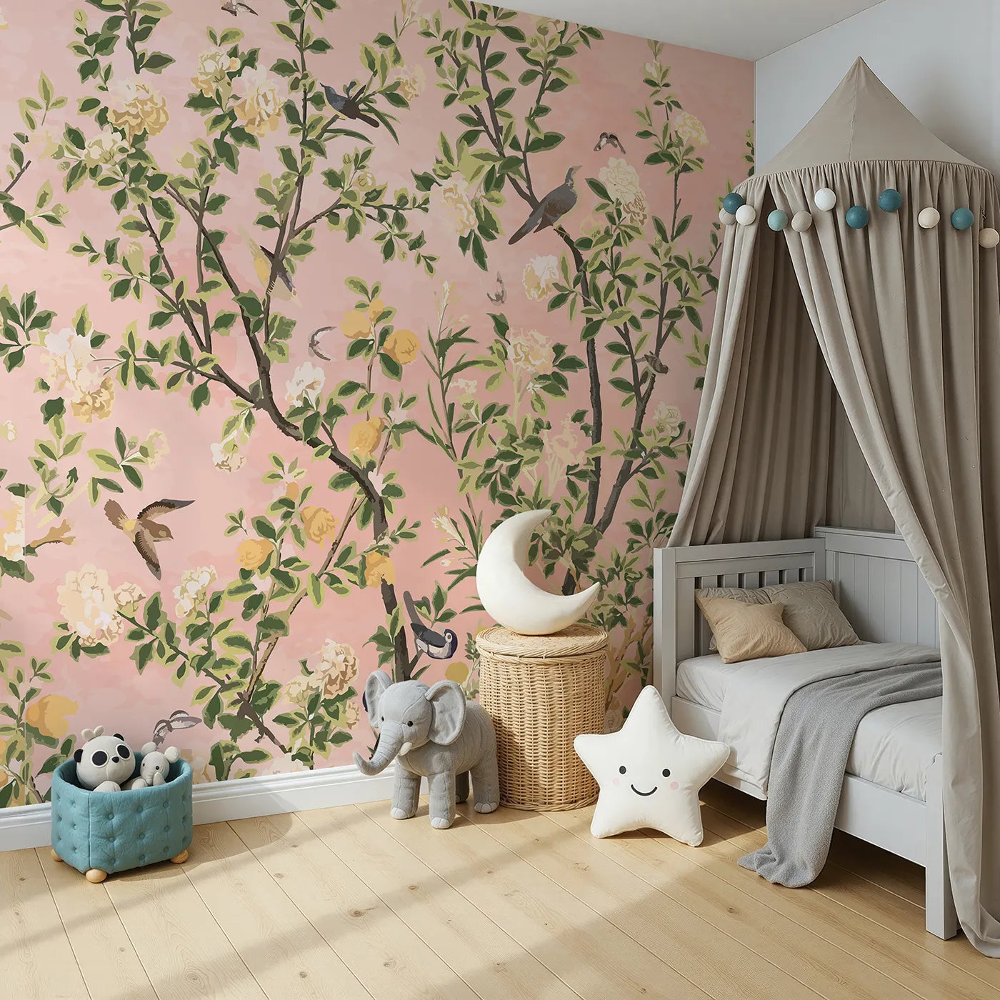 Angled view of Whimsy Tots' Pink Chinoiserie Garden Wall Mural (Turn Their Room into an Elegant, Hand-Painted Paradise).Gender-Neutral