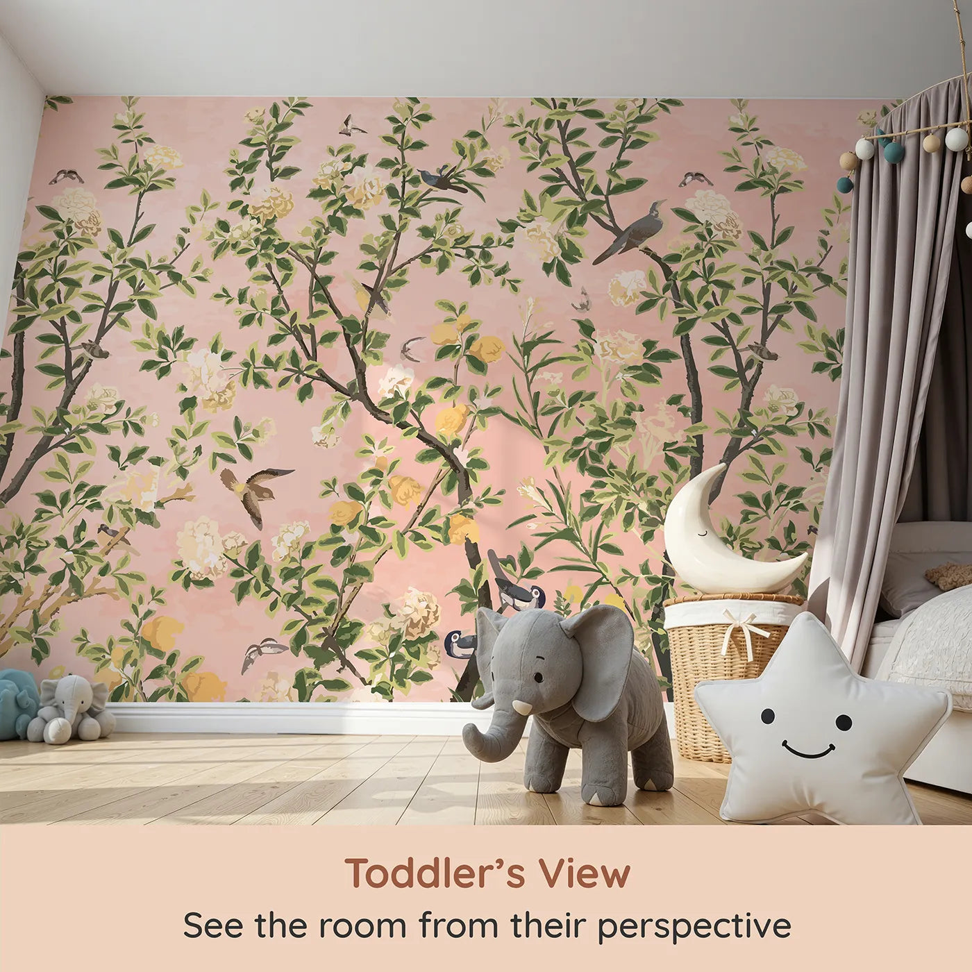 Whimsy Tots Pink Chinoiserie Garden Wall Mural (Turn Their Room into an Elegant, Hand-Painted Paradise) from your child's view.Gender-Neutral