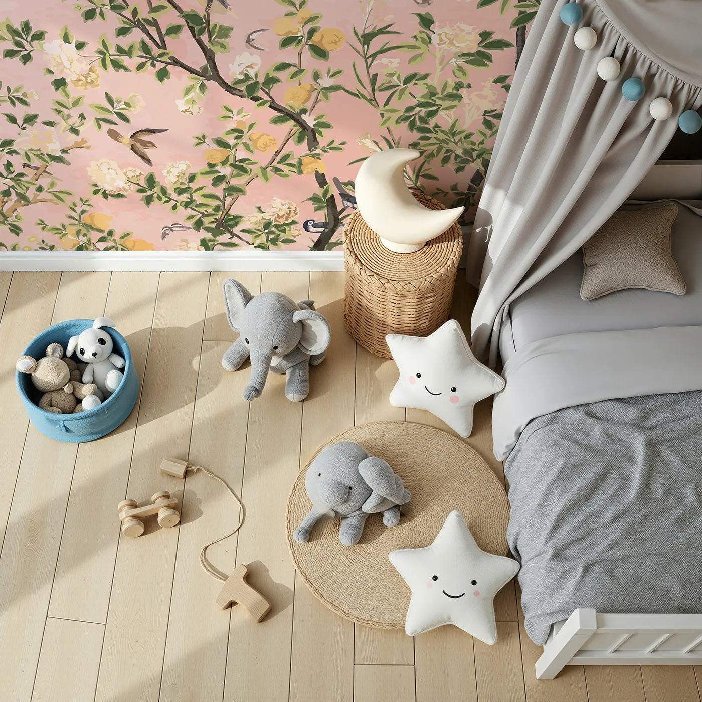 Top-down view of Whimsy Tots' Pink Chinoiserie Garden Wall Mural (Turn Their Room into an Elegant, Hand-Painted Paradise).Gender-Neutral