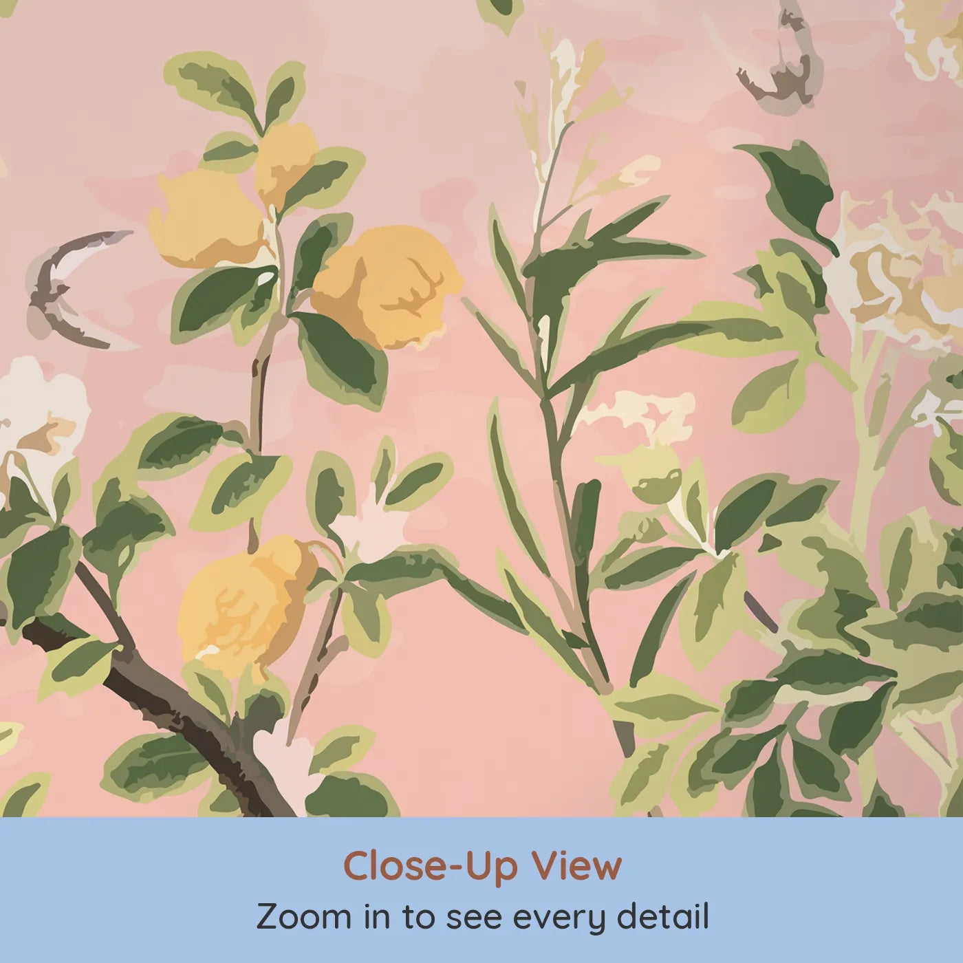 Close-up view of Whimsy Tots' Pink Chinoiserie Garden Wall Mural (Turn Their Room into an Elegant, Hand-Painted Paradise).Gender-Neutral