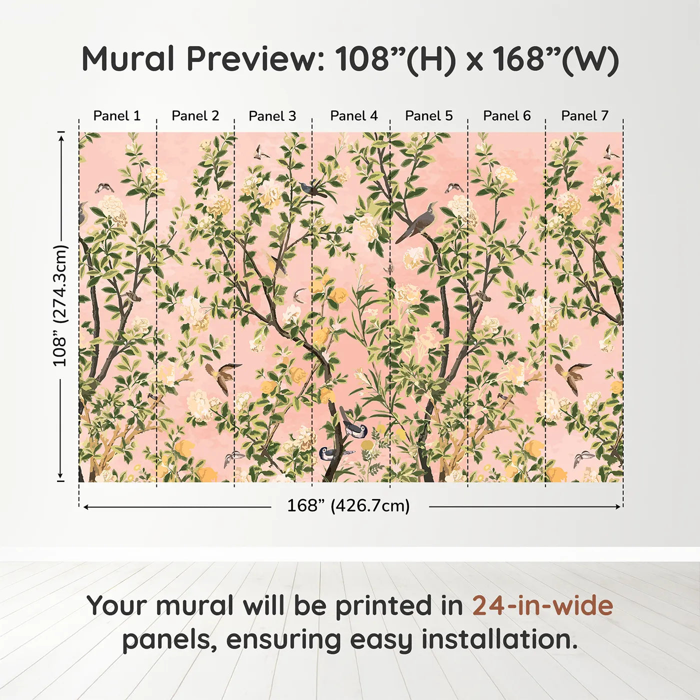 Whimsy Tots Pink Chinoiserie Garden Wall Muraldimension view (108" H x 168" W). Printed in seven 24-inch-wide panels. Gender-Neutral