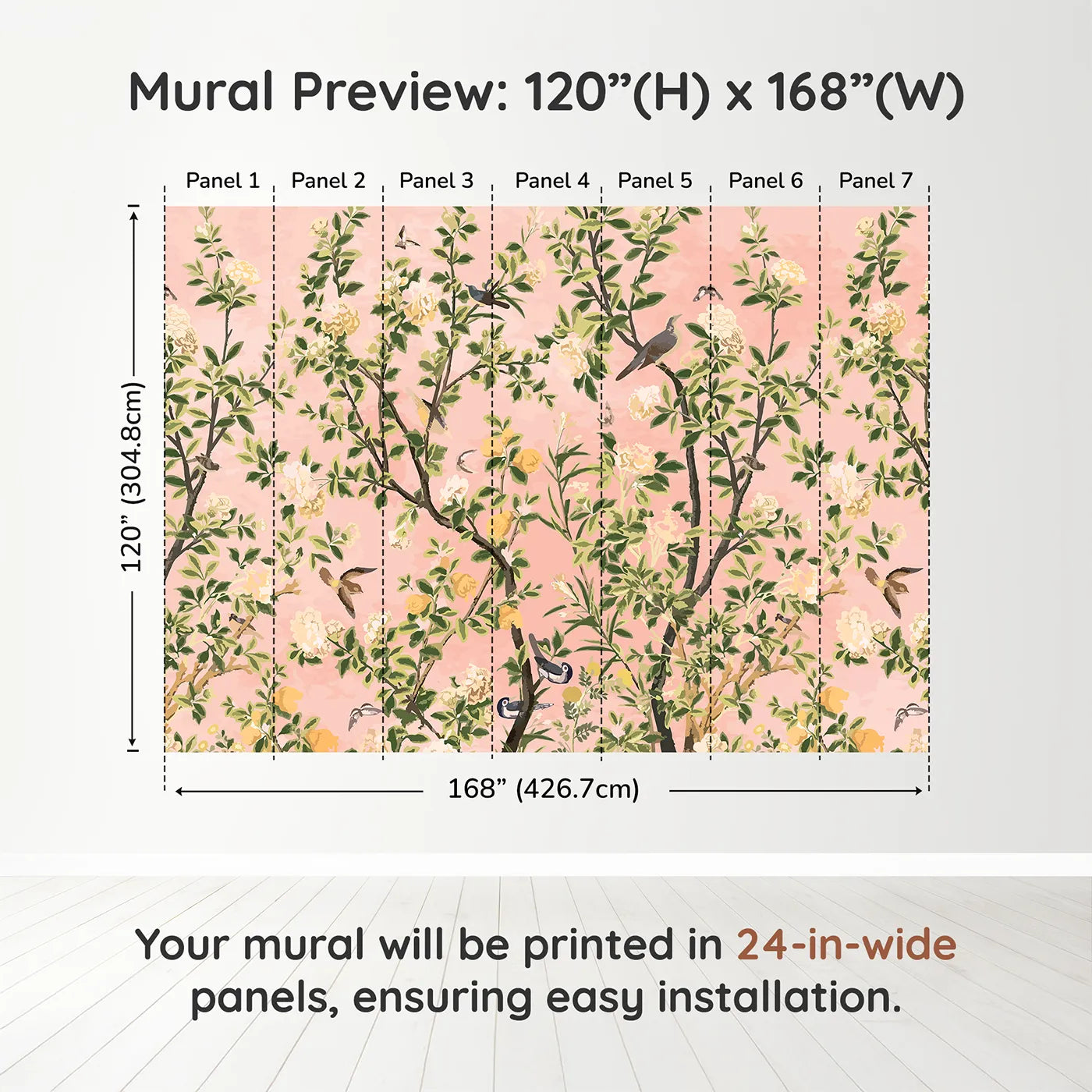 Whimsy Tots Pink Chinoiserie Garden Wall Muraldimension view (120" H x 168" W). Printed in seven 24-inch-wide panels. Gender-Neutral