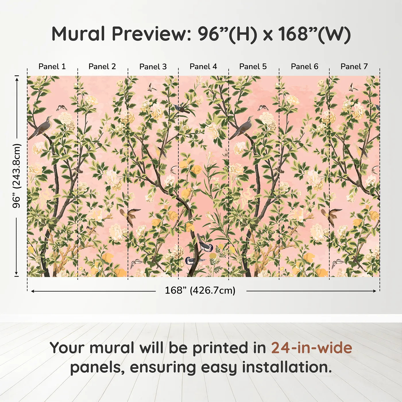 Whimsy Tots Pink Chinoiserie Garden Wall Muraldimension view (96" H x 168" W). Printed in seven 24-inch-wide panels. Gender-Neutral