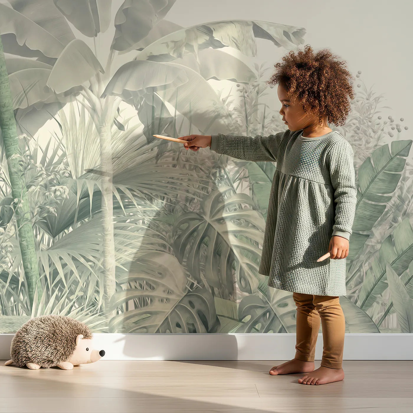 Child in front of Whimsy Tots Misty Green Jungle Panorama Wall Mural with jungle, tropical, green, mist, monochrome, forest, palm tree, sage in design.