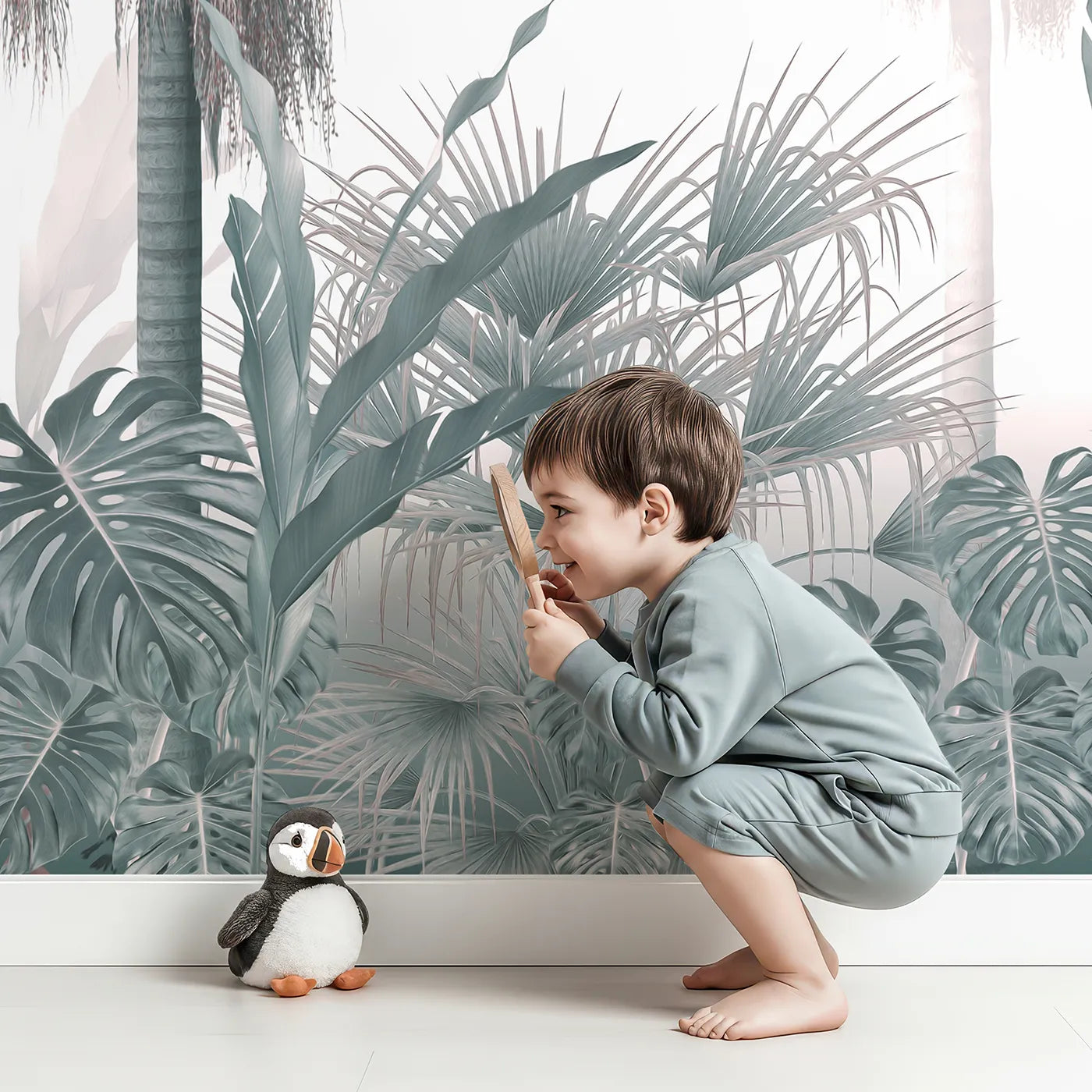Child in front of Whimsy Tots Misty Blue Jungle Panorama Wall Mural with jungle, tropical, silhouette, blue, gray, modern, leaf, palm tree in design.