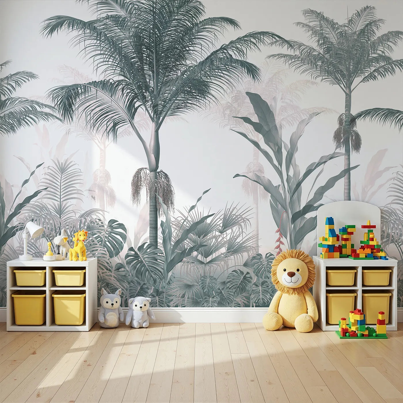 Angled view of Whimsy Tots' Misty Blue Jungle Panorama Wall Mural (Turn Their Room into a Cool and Leafy Tropical Escape).Gender-Neutral