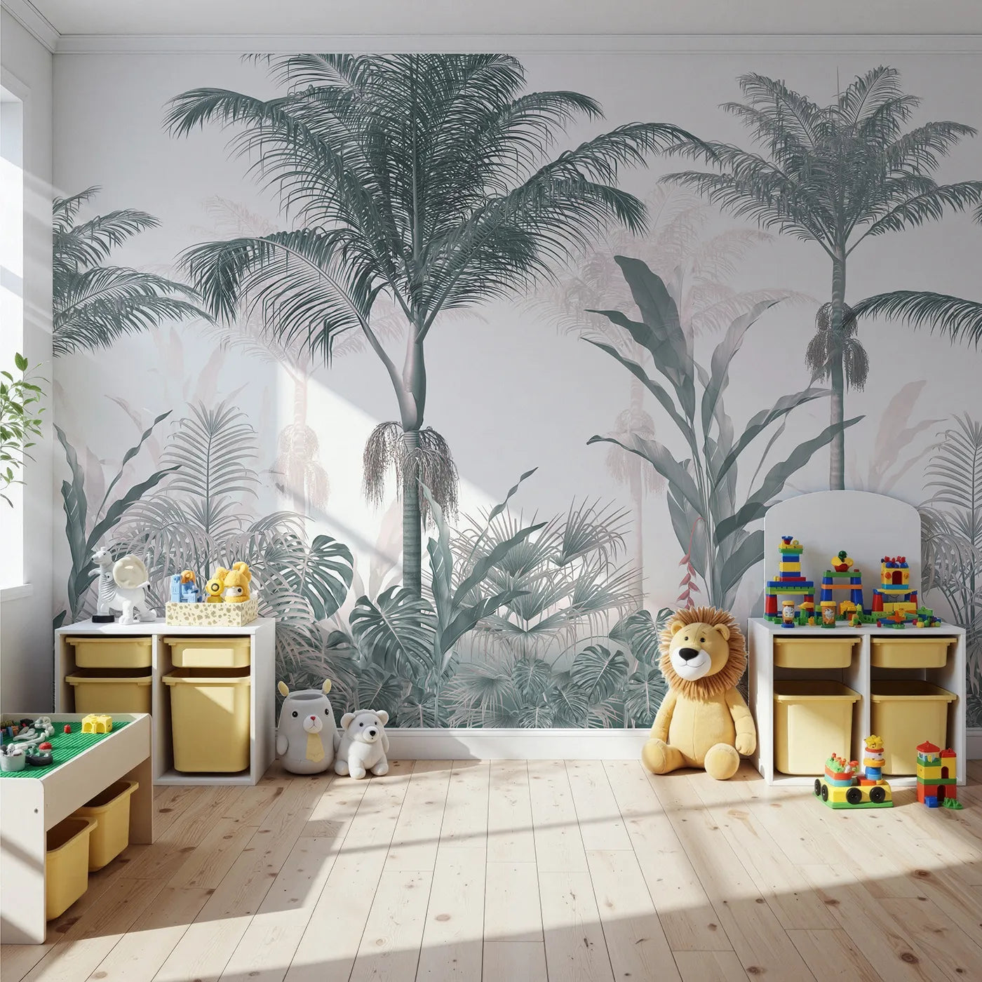 Front view of Whimsy Tots' Misty Blue Jungle Panorama Wall Mural