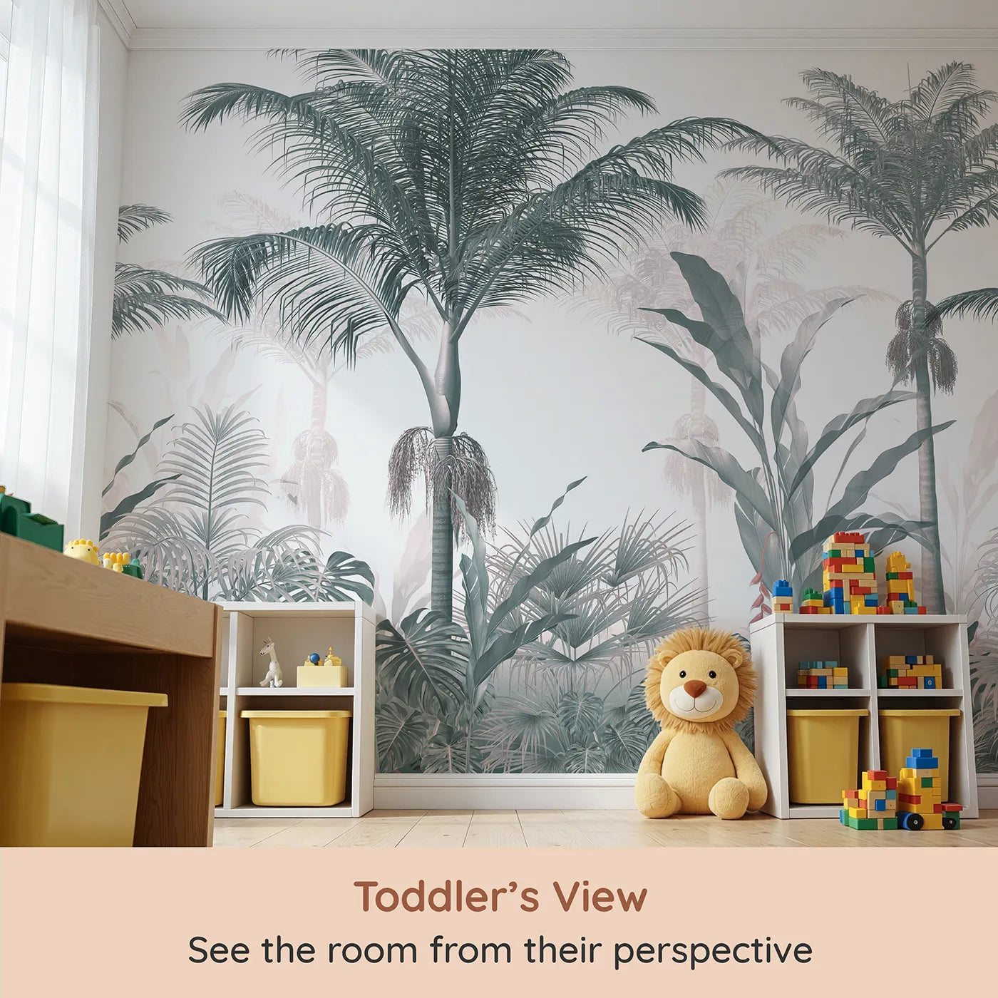 Whimsy Tots Misty Blue Jungle Panorama Wall Mural (Turn Their Room into a Cool and Leafy Tropical Escape) from your child's view.Gender-Neutral