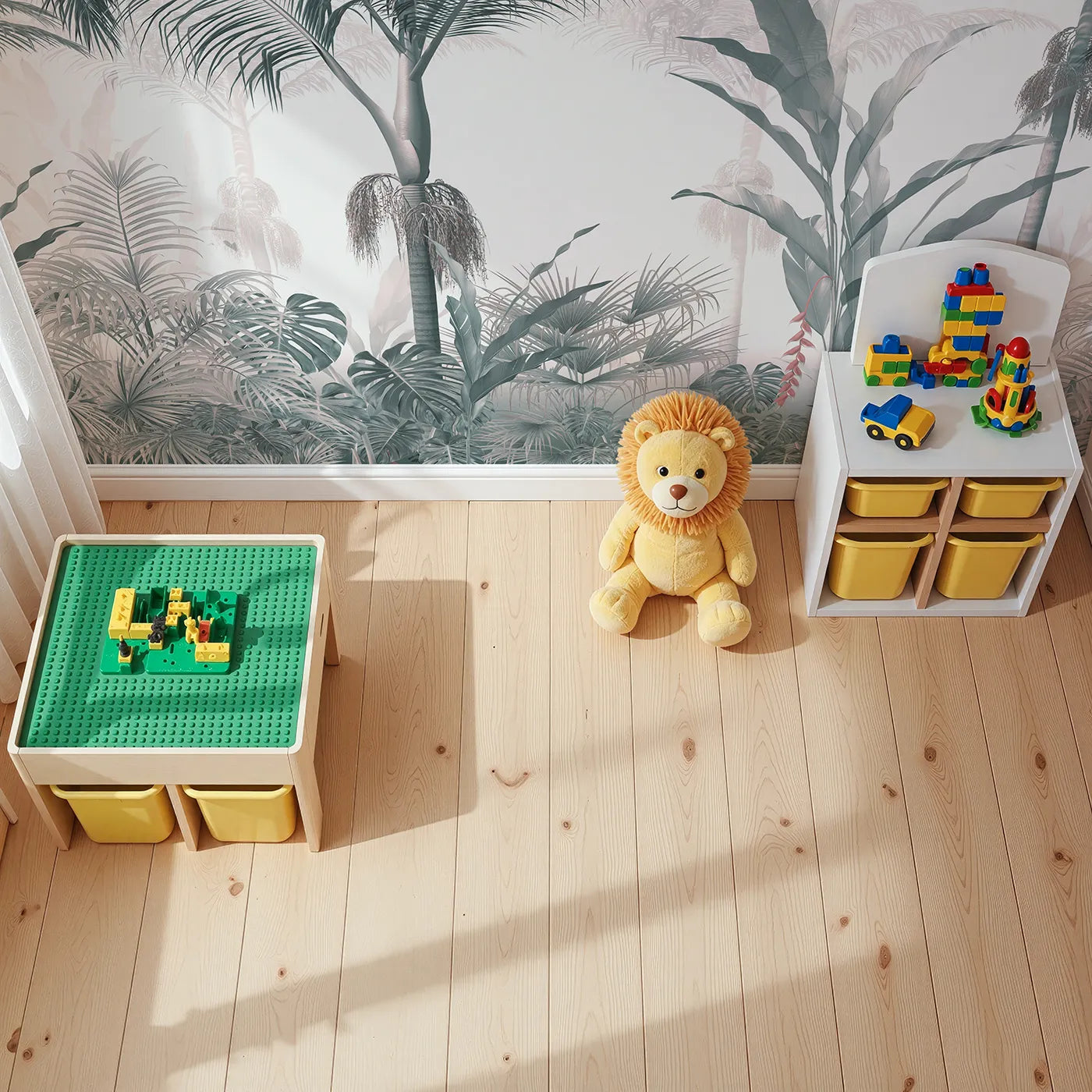 Top-down view of Whimsy Tots' Misty Blue Jungle Panorama Wall Mural (Turn Their Room into a Cool and Leafy Tropical Escape).Gender-Neutral