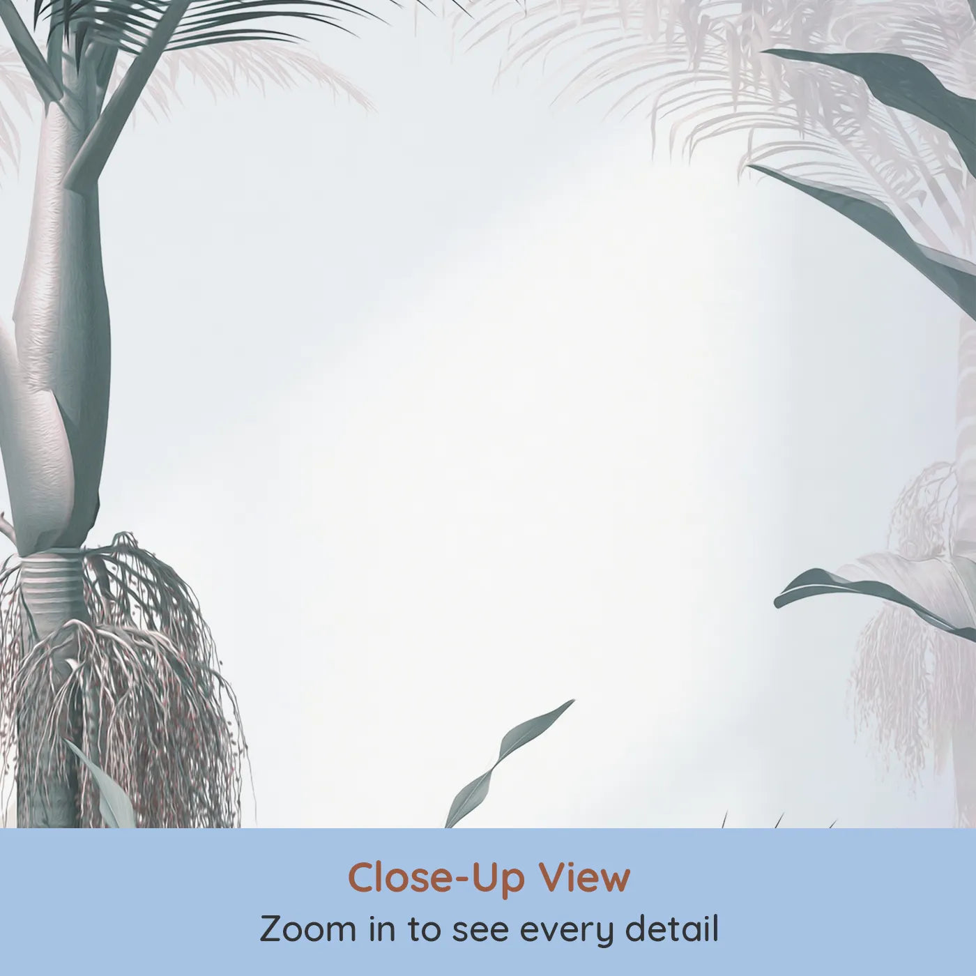 Close-up view of Whimsy Tots' Misty Blue Jungle Panorama Wall Mural (Turn Their Room into a Cool and Leafy Tropical Escape).Gender-Neutral