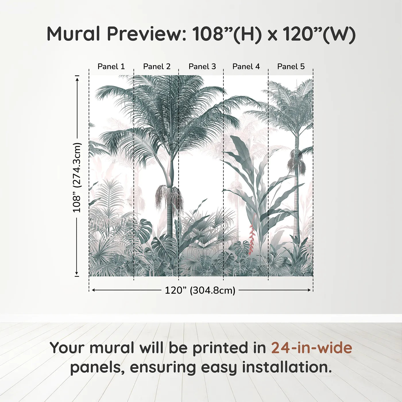 Whimsy Tots Misty Blue Jungle Panorama Wall Muraldimension view (108" H x 120" W). Printed in five 24-inch-wide panels. Gender-Neutral