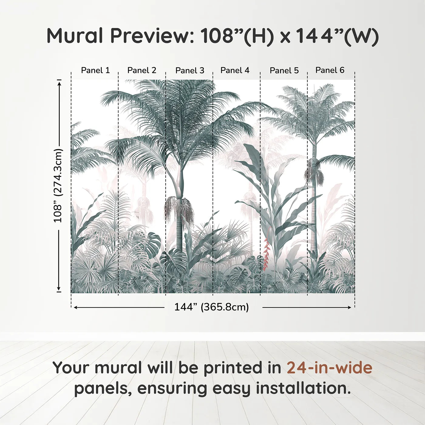 Whimsy Tots Misty Blue Jungle Panorama Wall Muraldimension view (108" H x 144" W). Printed in six 24-inch-wide panels. Gender-Neutral