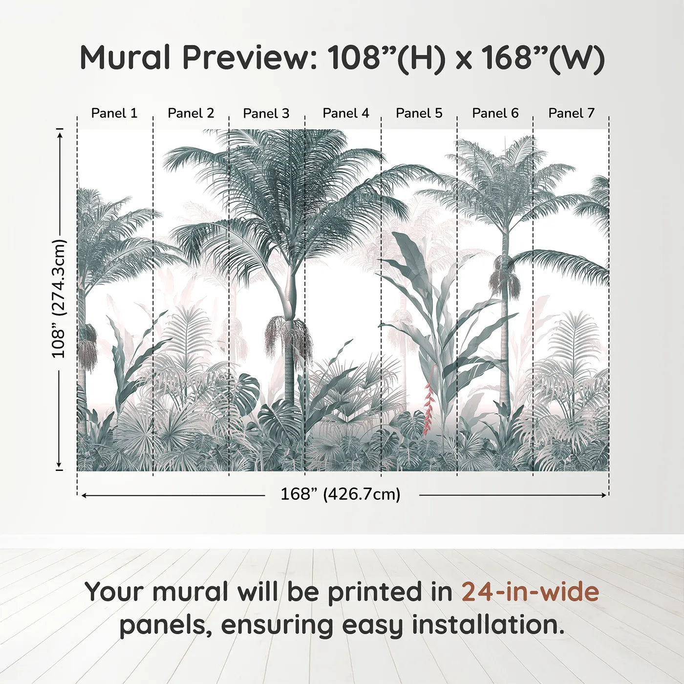 Whimsy Tots Misty Blue Jungle Panorama Wall Muraldimension view (108" H x 168" W). Printed in seven 24-inch-wide panels. Gender-Neutral