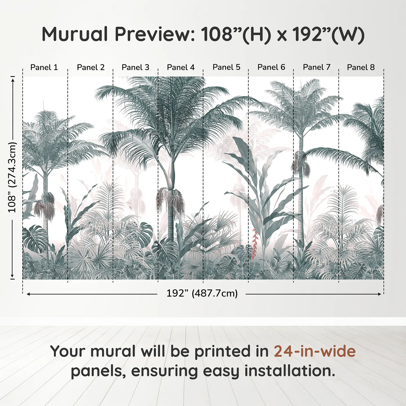 Whimsy Tots Misty Blue Jungle Panorama Wall Muraldimension view (108" H x 192" W). Printed in eight 24-inch-wide panels. Gender-Neutral