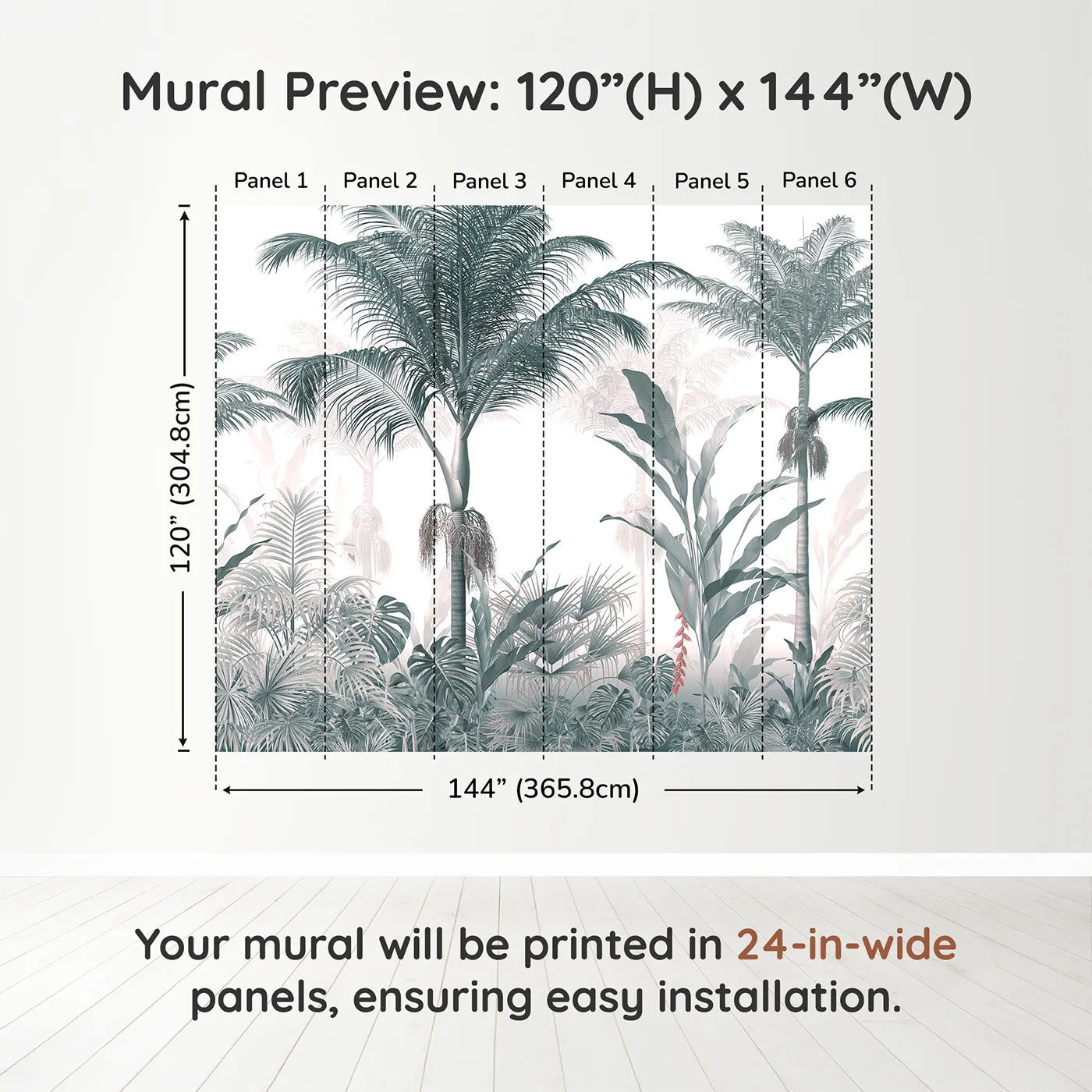 Whimsy Tots Misty Blue Jungle Panorama Wall Muraldimension view (120" H x 144" W). Printed in six 24-inch-wide panels. Gender-Neutral