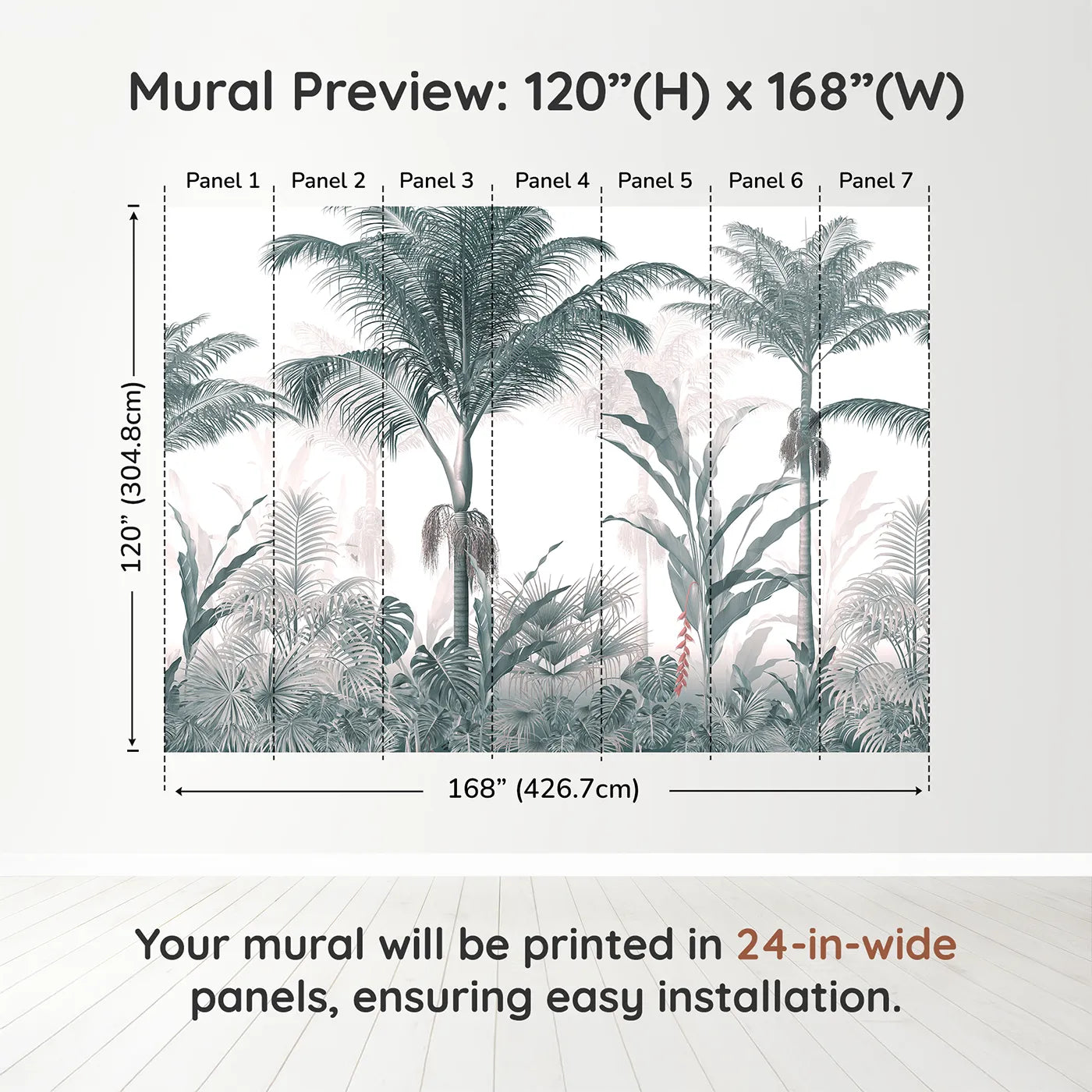 Whimsy Tots Misty Blue Jungle Panorama Wall Muraldimension view (120" H x 168" W). Printed in seven 24-inch-wide panels. Gender-Neutral