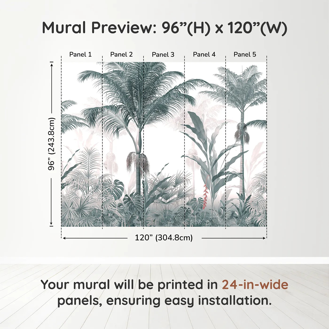 Whimsy Tots Misty Blue Jungle Panorama Wall Muraldimension view (96" H x 120" W). Printed in five 24-inch-wide panels. Gender-Neutral