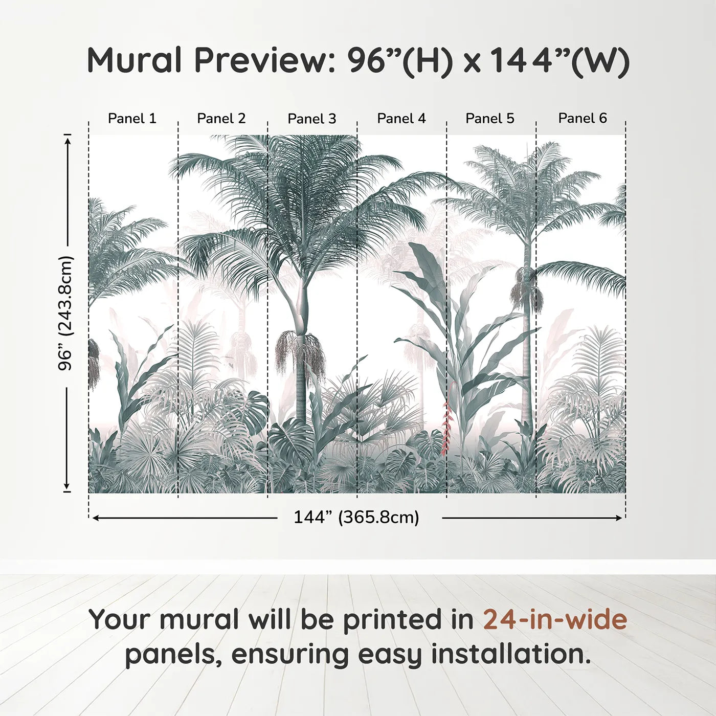 Whimsy Tots Misty Blue Jungle Panorama Wall Muraldimension view (96" H x 144" W). Printed in six 24-inch-wide panels. Gender-Neutral
