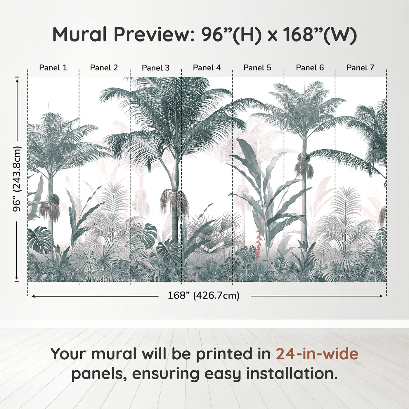 Whimsy Tots Misty Blue Jungle Panorama Wall Muraldimension view (96" H x 168" W). Printed in seven 24-inch-wide panels. Gender-Neutral
