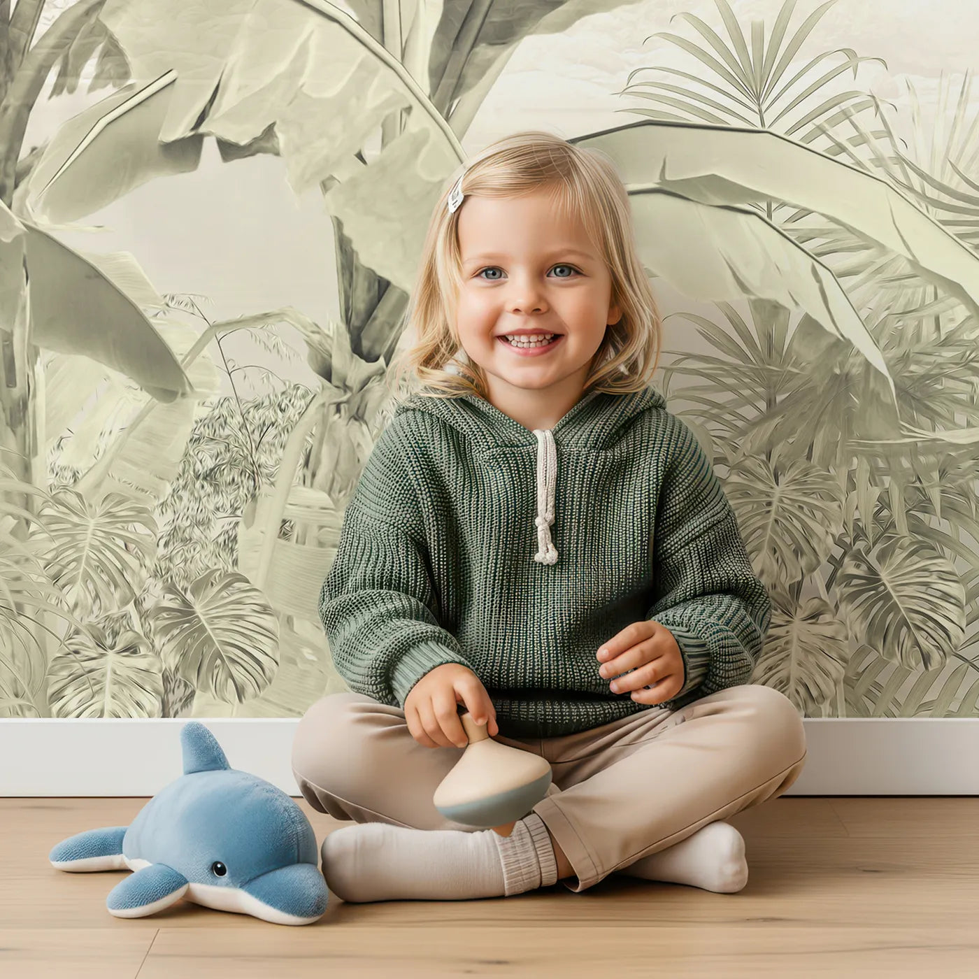 Child in front of Whimsy Tots Misty Beige Jungle Panorama Wall Mural with jungle, tropical, silhouette, beige, white, modern, leaf, palm tree in design.