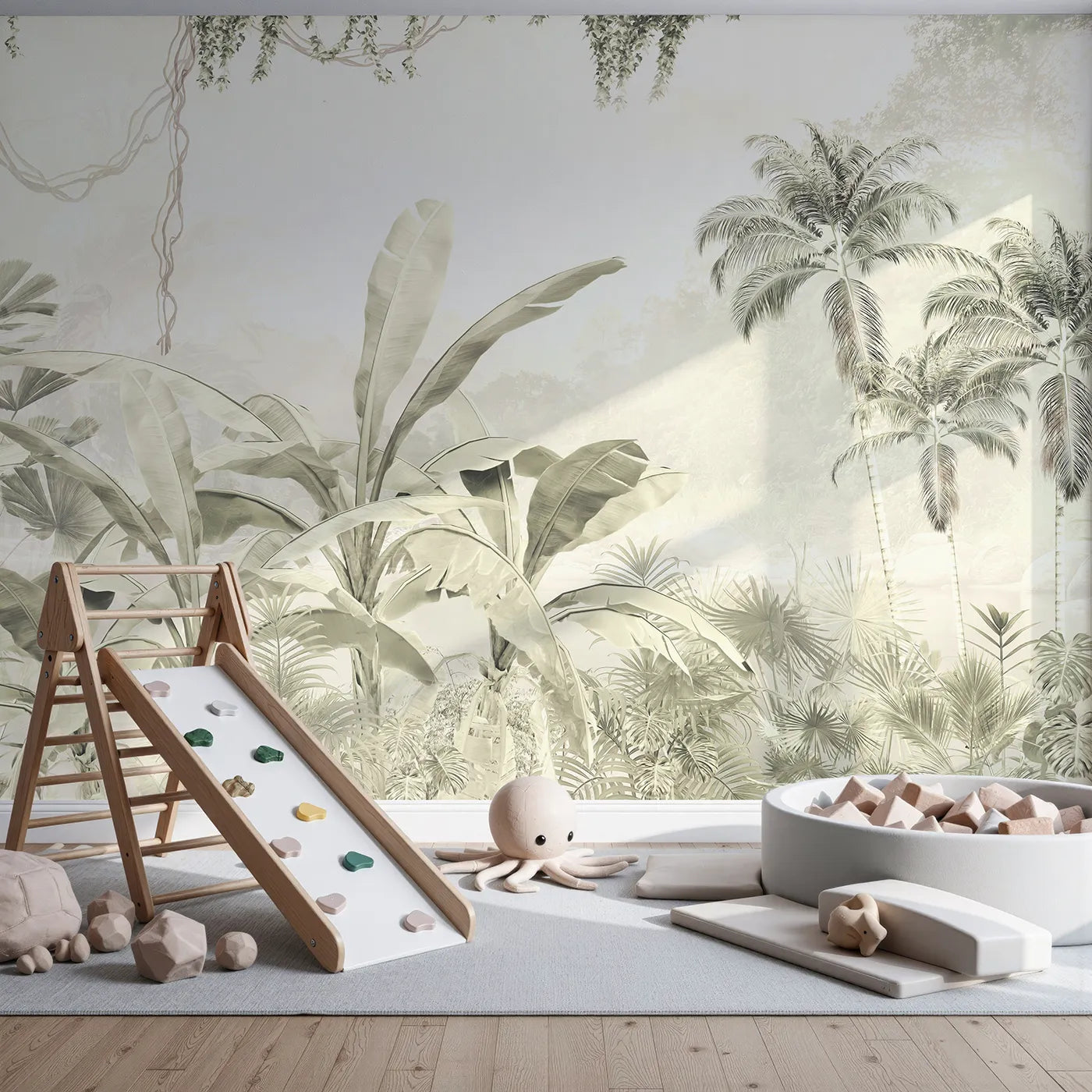 Front view of Whimsy Tots' Misty Beige Jungle Panorama Wall Mural