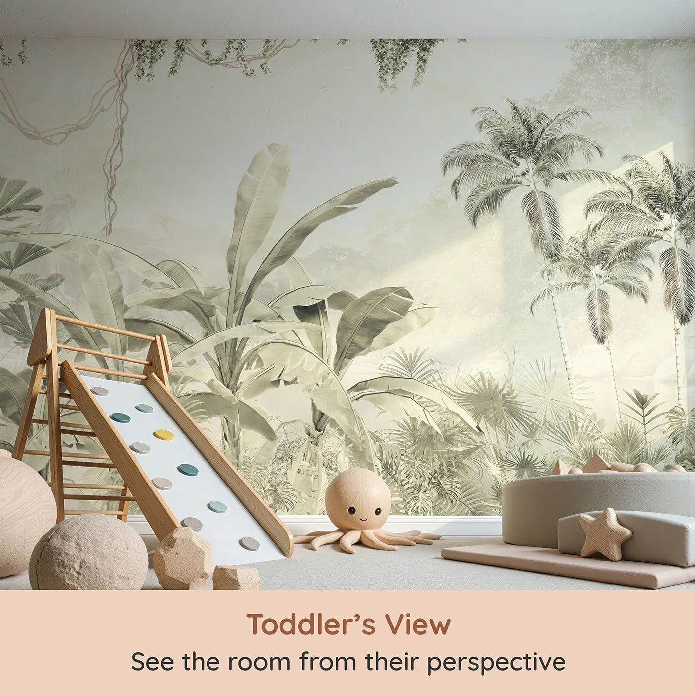 Whimsy Tots Misty Beige Jungle Panorama Wall Mural (Turn Their Room into a Soft and Gentle Tropical Escape) from your child's view.Gender-Neutral