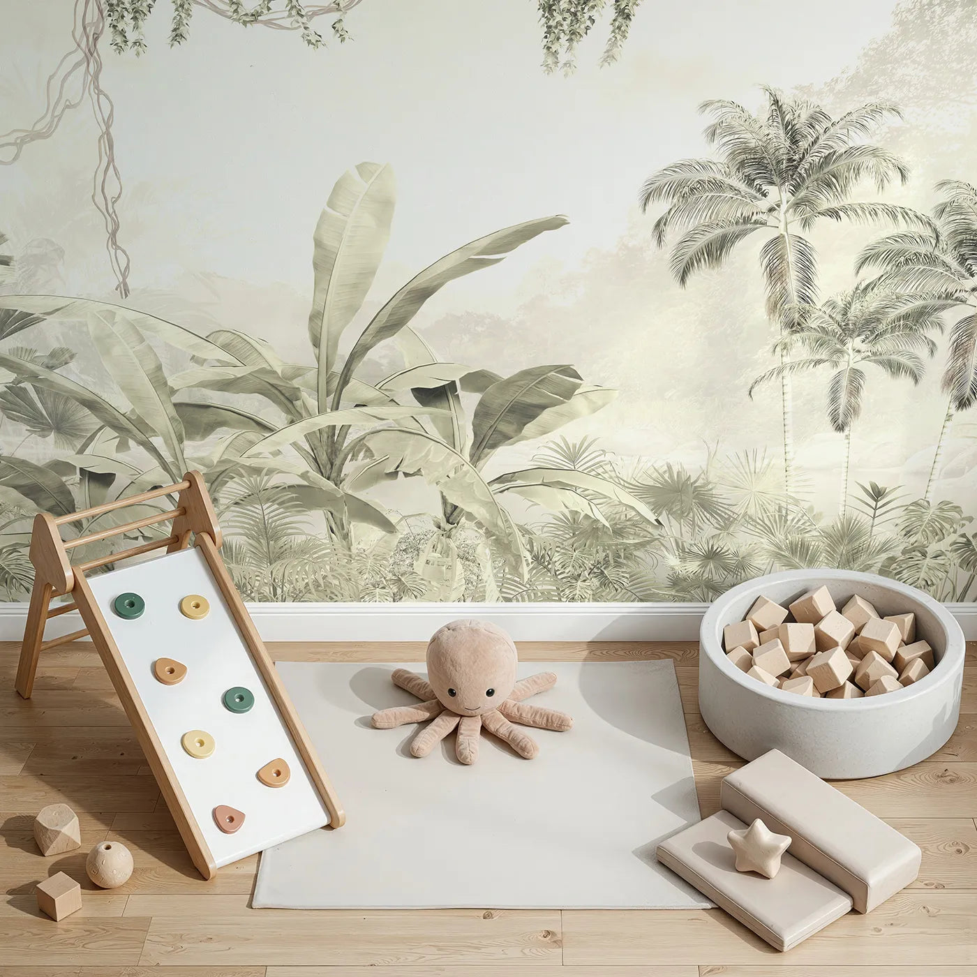 Top-down view of Whimsy Tots' Misty Beige Jungle Panorama Wall Mural (Turn Their Room into a Soft and Gentle Tropical Escape).Gender-Neutral