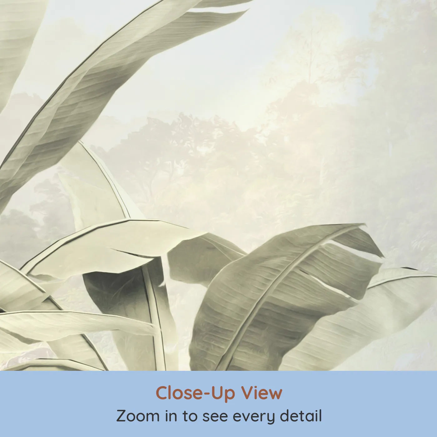 Close-up view of Whimsy Tots' Misty Beige Jungle Panorama Wall Mural (Turn Their Room into a Soft and Gentle Tropical Escape).Gender-Neutral