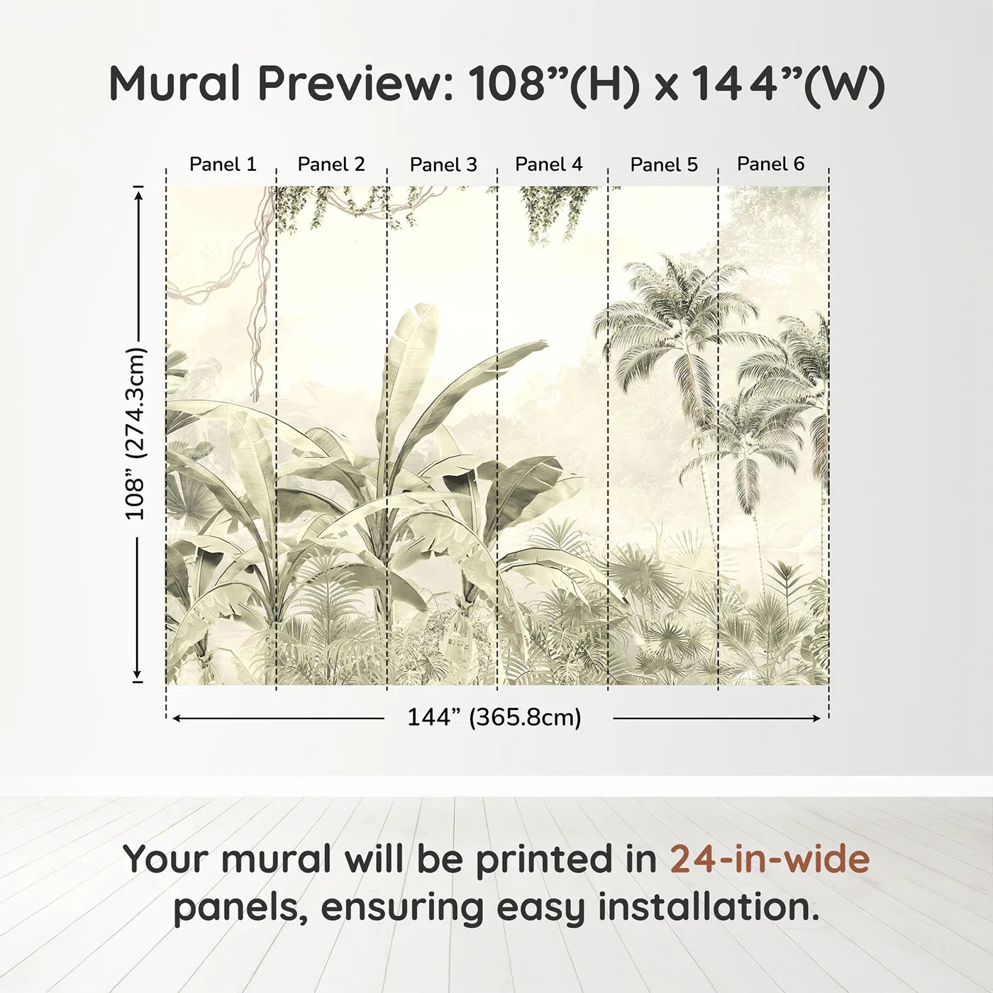 Whimsy Tots Misty Beige Jungle Panorama Wall Muraldimension view (108" H x 144" W). Printed in six 24-inch-wide panels. Gender-Neutral