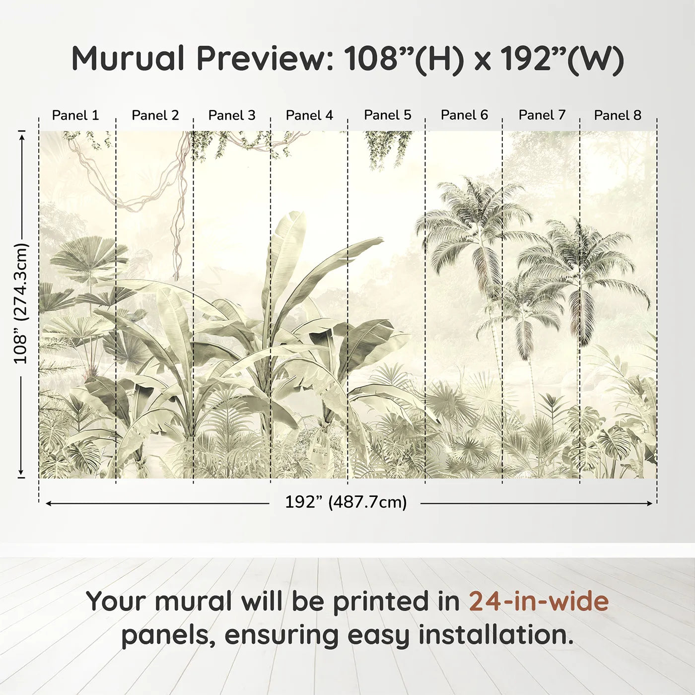 Whimsy Tots Misty Beige Jungle Panorama Wall Muraldimension view (108" H x 192" W). Printed in eight 24-inch-wide panels. Gender-Neutral
