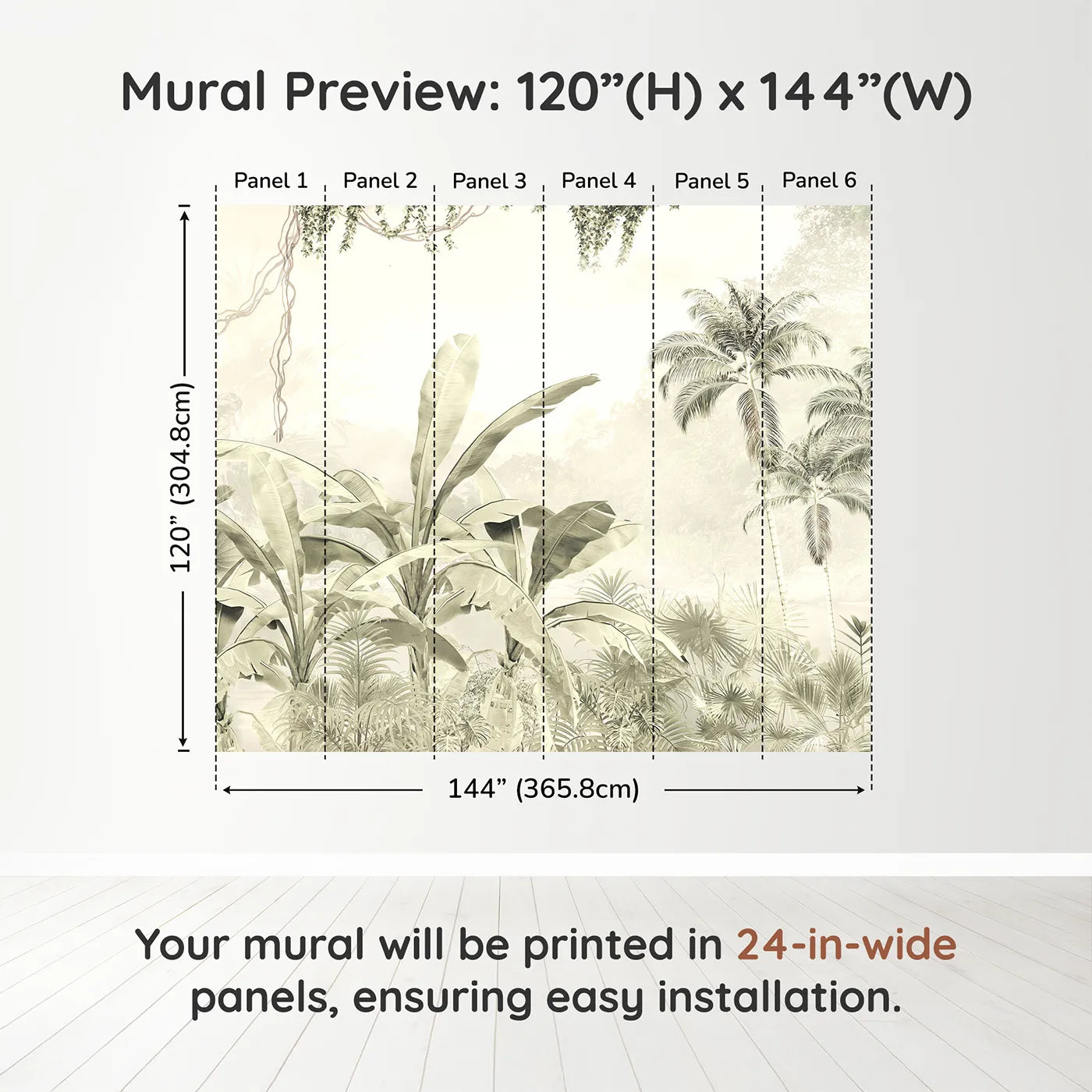 Whimsy Tots Misty Beige Jungle Panorama Wall Muraldimension view (120" H x 144" W). Printed in six 24-inch-wide panels. Gender-Neutral