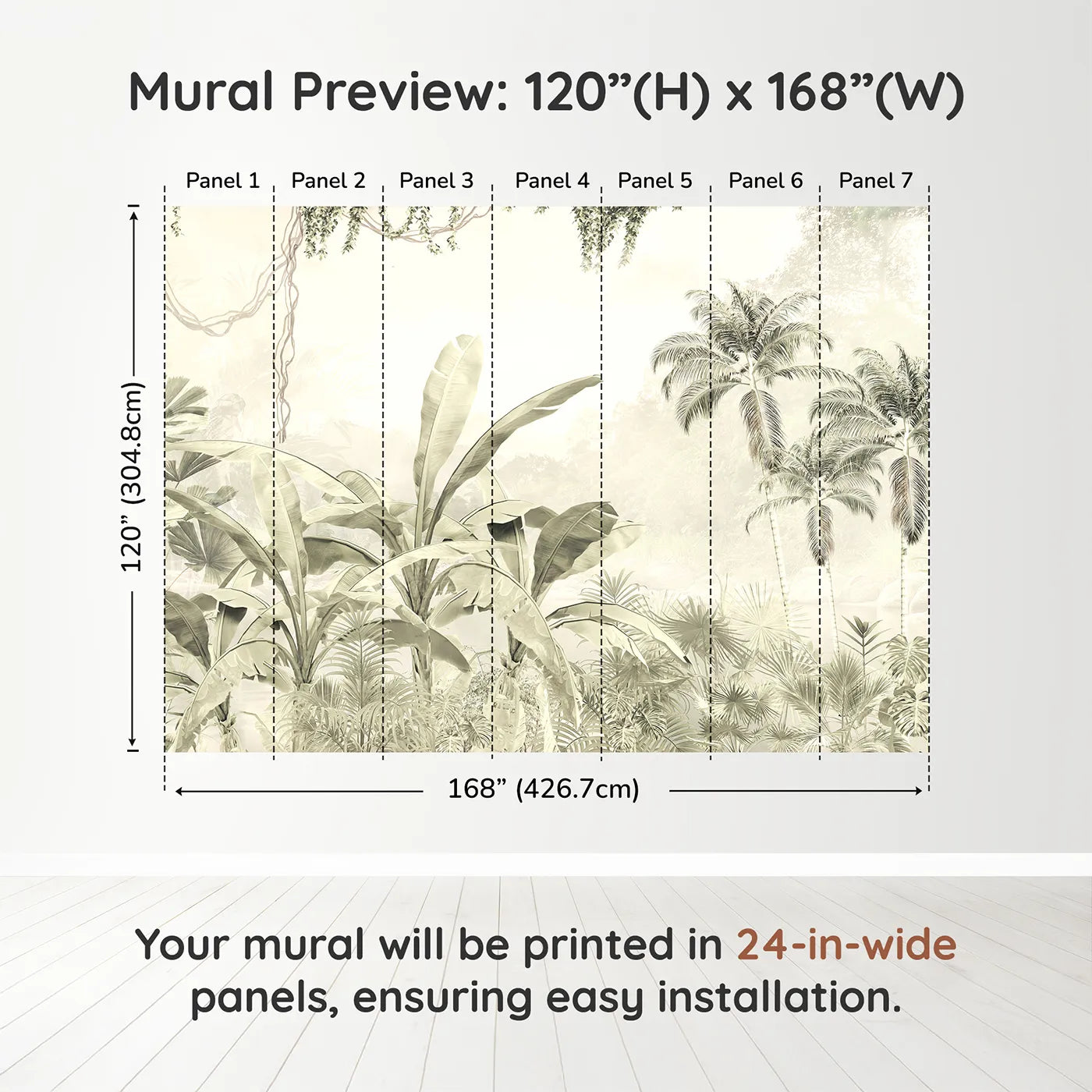 Whimsy Tots Misty Beige Jungle Panorama Wall Muraldimension view (120" H x 168" W). Printed in seven 24-inch-wide panels. Gender-Neutral