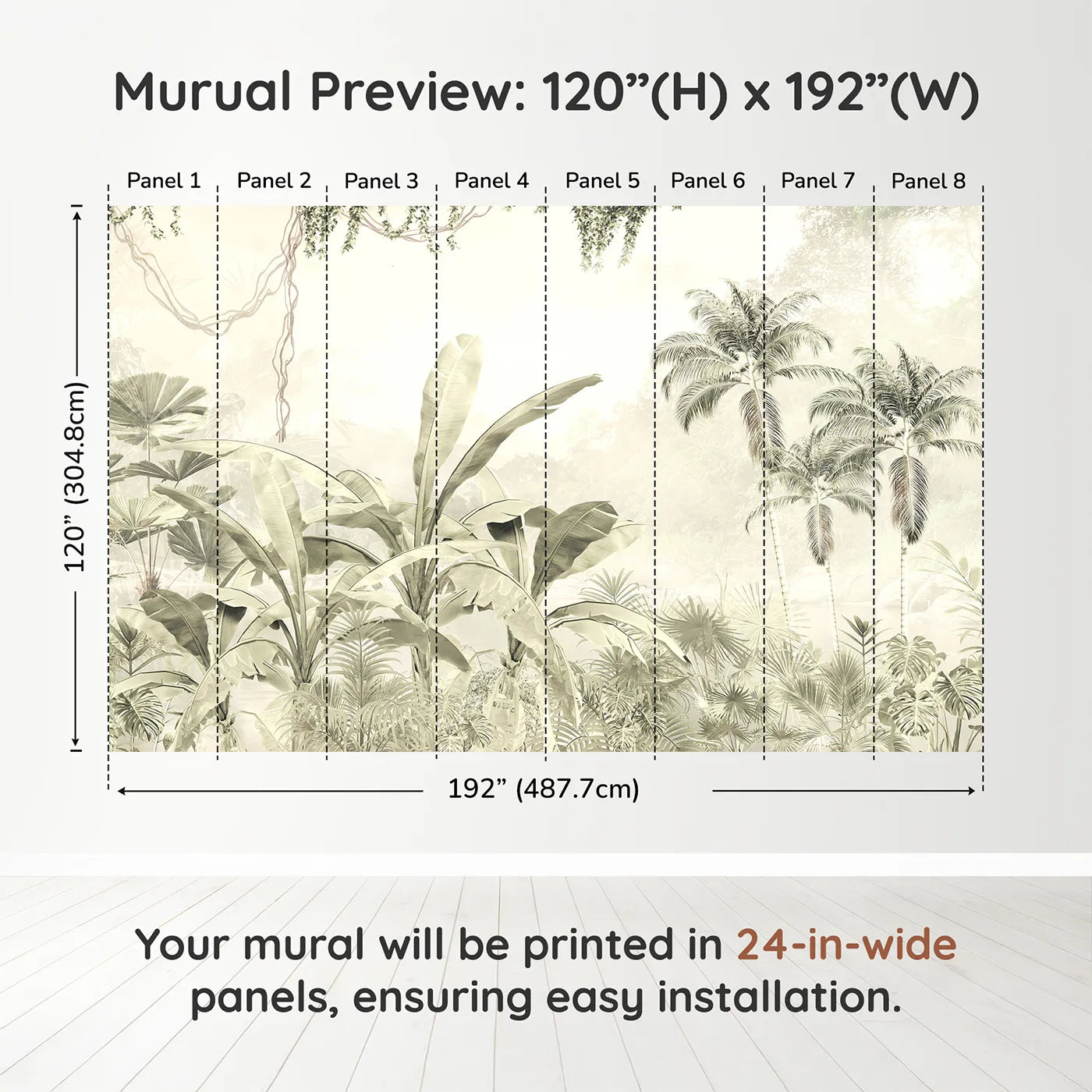 Whimsy Tots Misty Beige Jungle Panorama Wall Muraldimension view (120" H x 192" W). Printed in eight 24-inch-wide panels. Gender-Neutral