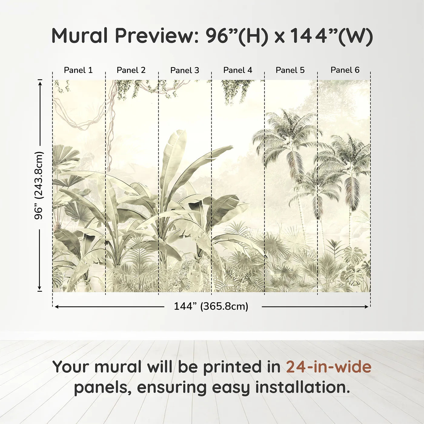 Whimsy Tots Misty Beige Jungle Panorama Wall Muraldimension view (96" H x 144" W). Printed in six 24-inch-wide panels. Gender-Neutral