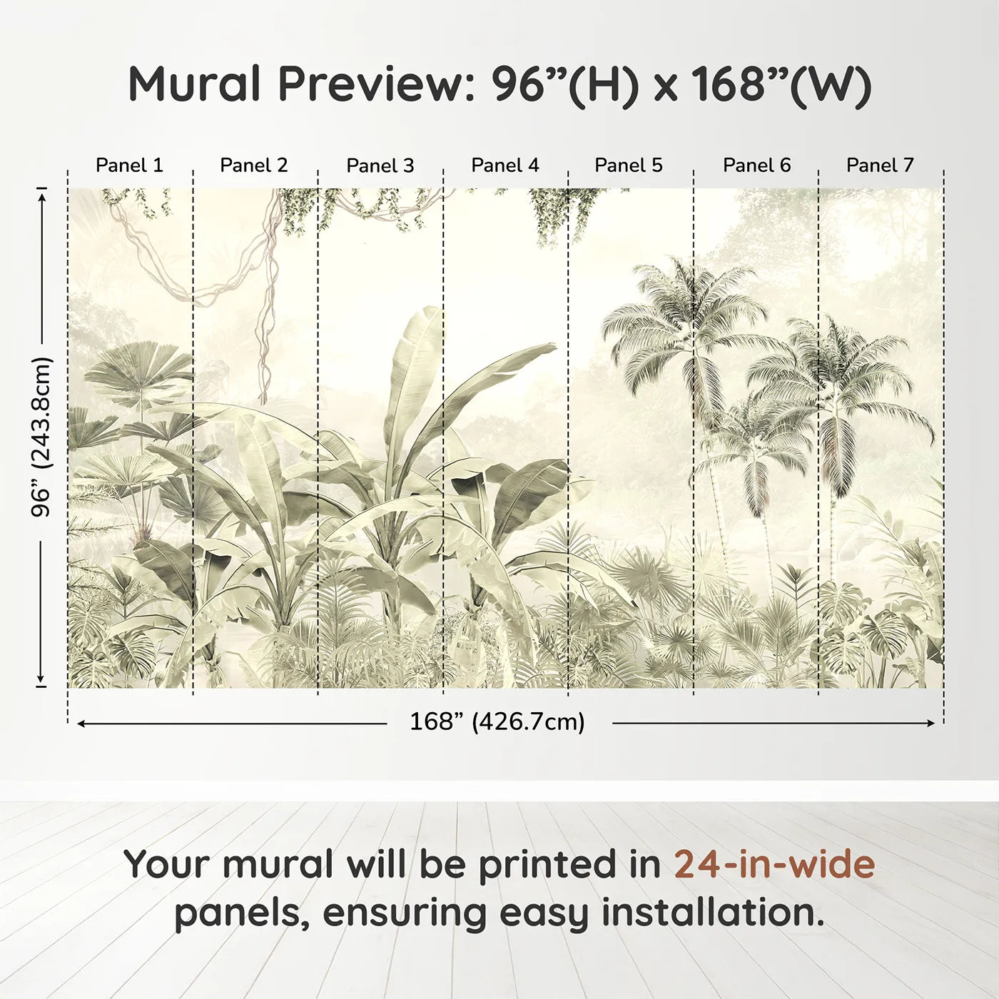 Whimsy Tots Misty Beige Jungle Panorama Wall Muraldimension view (96" H x 168" W). Printed in seven 24-inch-wide panels. Gender-Neutral