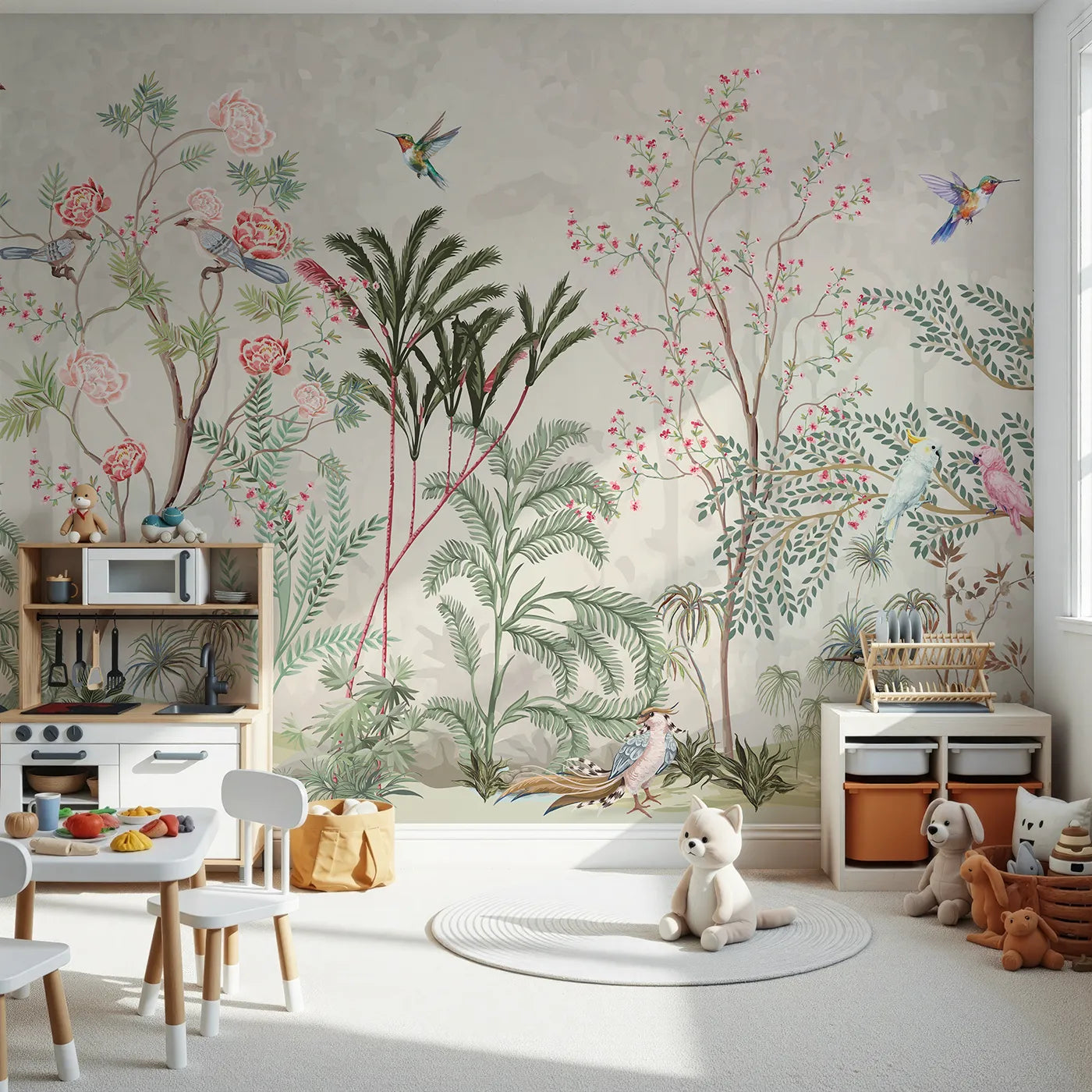 Front view of Whimsy Tots' Exotic Bird Paradise Wall Mural