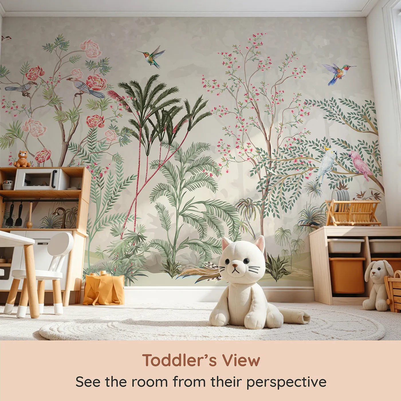 Whimsy Tots Exotic Bird Paradise Wall Mural (Turn Their Room into a Lush, Hand-Painted Paradise) from your child's view.Gender-Neutral