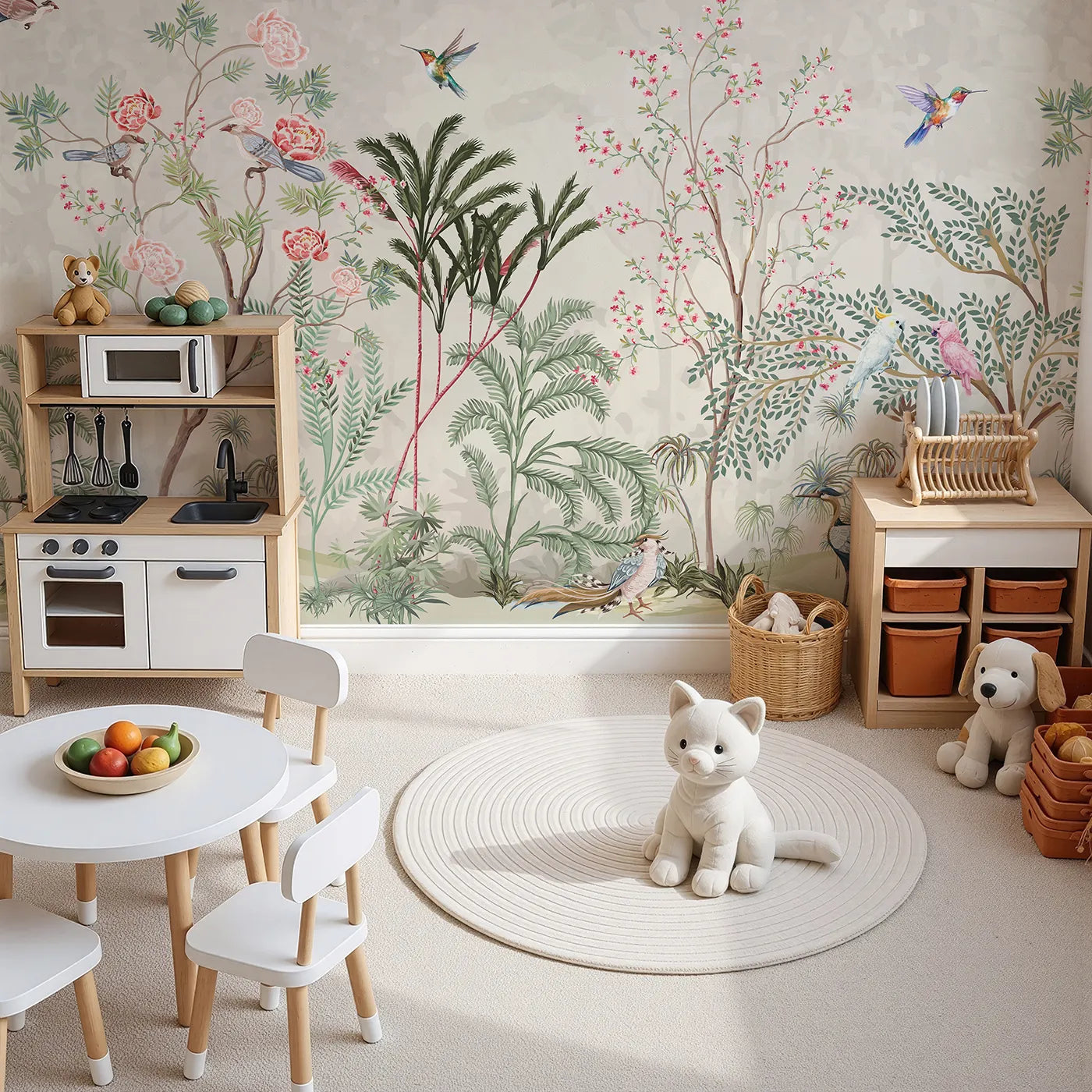 Top-down view of Whimsy Tots' Exotic Bird Paradise Wall Mural (Turn Their Room into a Lush, Hand-Painted Paradise).Gender-Neutral