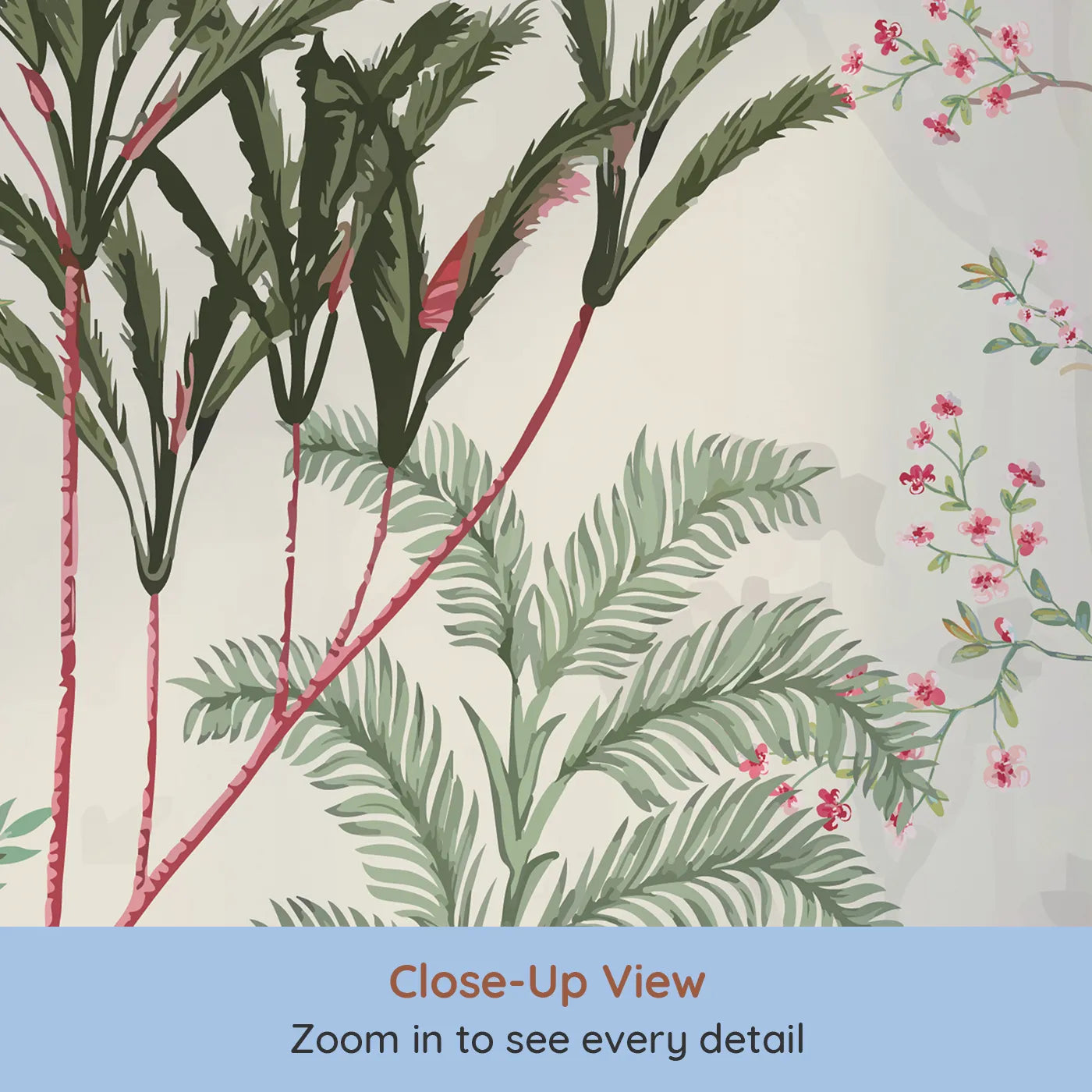 Close-up view of Whimsy Tots' Exotic Bird Paradise Wall Mural (Turn Their Room into a Lush, Hand-Painted Paradise).Gender-Neutral