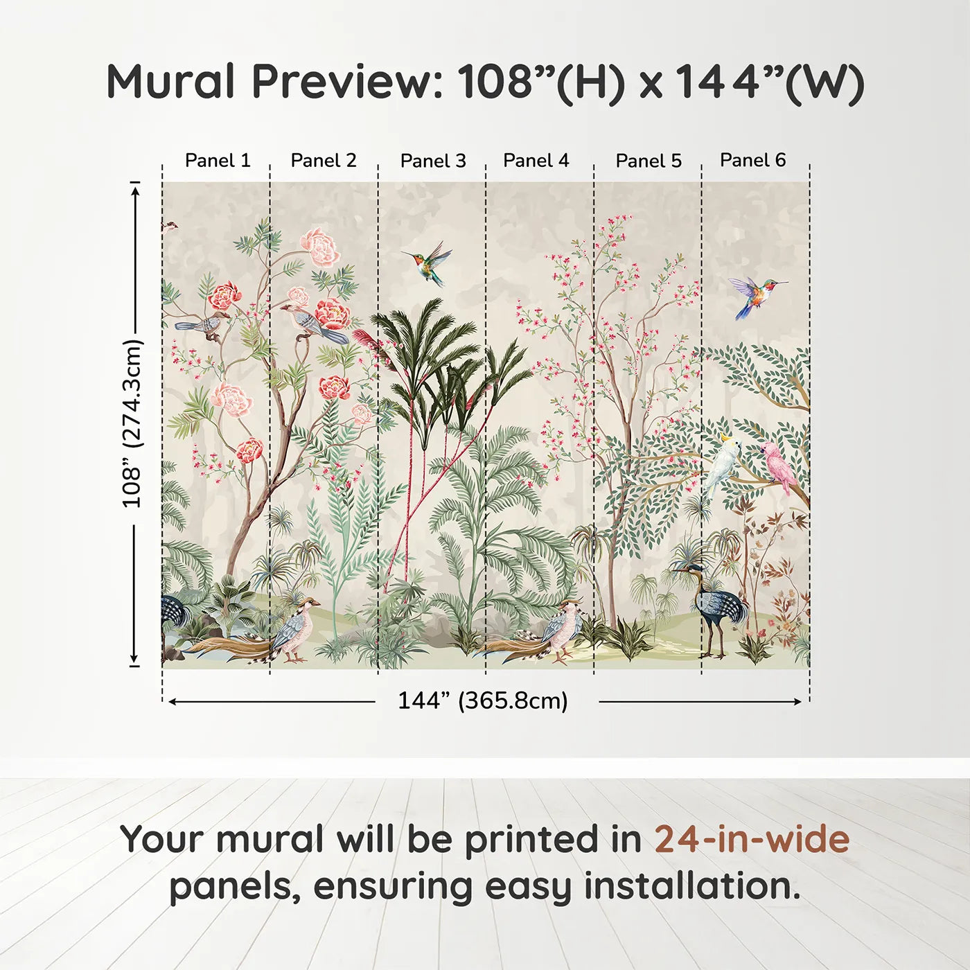 Whimsy Tots Exotic Bird Paradise Wall Muraldimension view (108" H x 144" W). Printed in six 24-inch-wide panels. Gender-Neutral