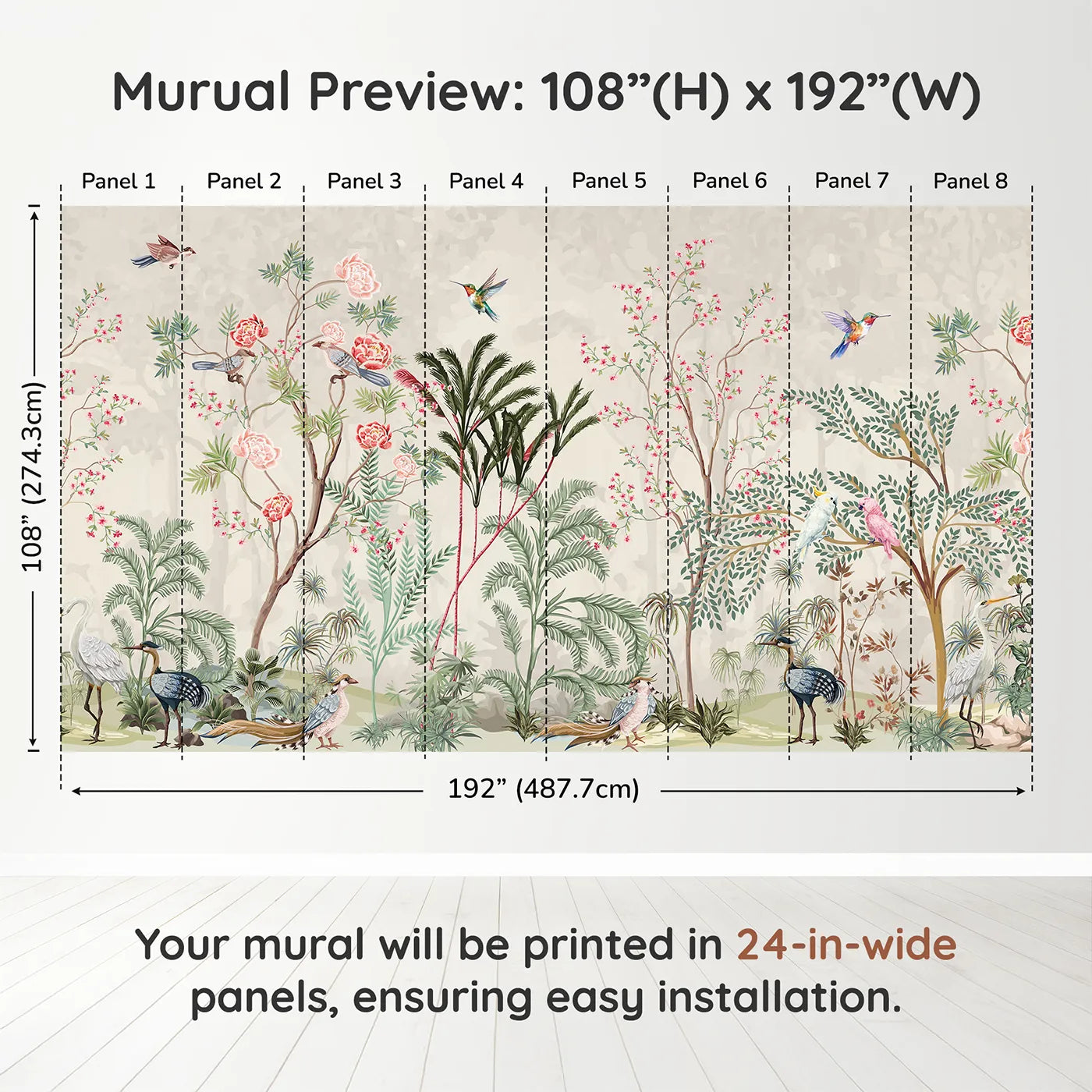 Whimsy Tots Exotic Bird Paradise Wall Muraldimension view (108" H x 192" W). Printed in eight 24-inch-wide panels. Gender-Neutral