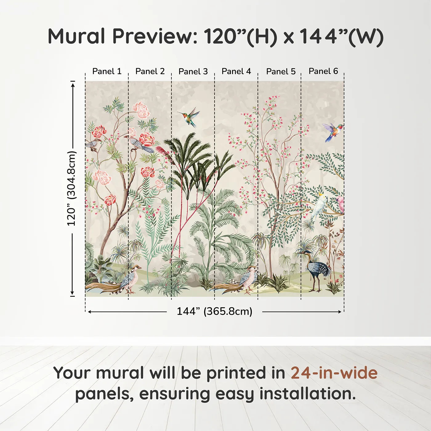 Whimsy Tots Exotic Bird Paradise Wall Muraldimension view (120" H x 144" W). Printed in six 24-inch-wide panels. Gender-Neutral