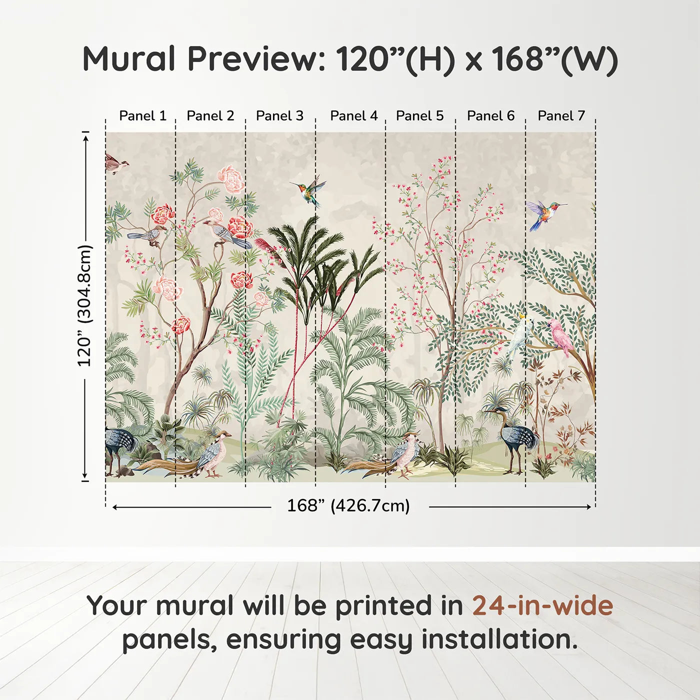 Whimsy Tots Exotic Bird Paradise Wall Muraldimension view (120" H x 168" W). Printed in seven 24-inch-wide panels. Gender-Neutral