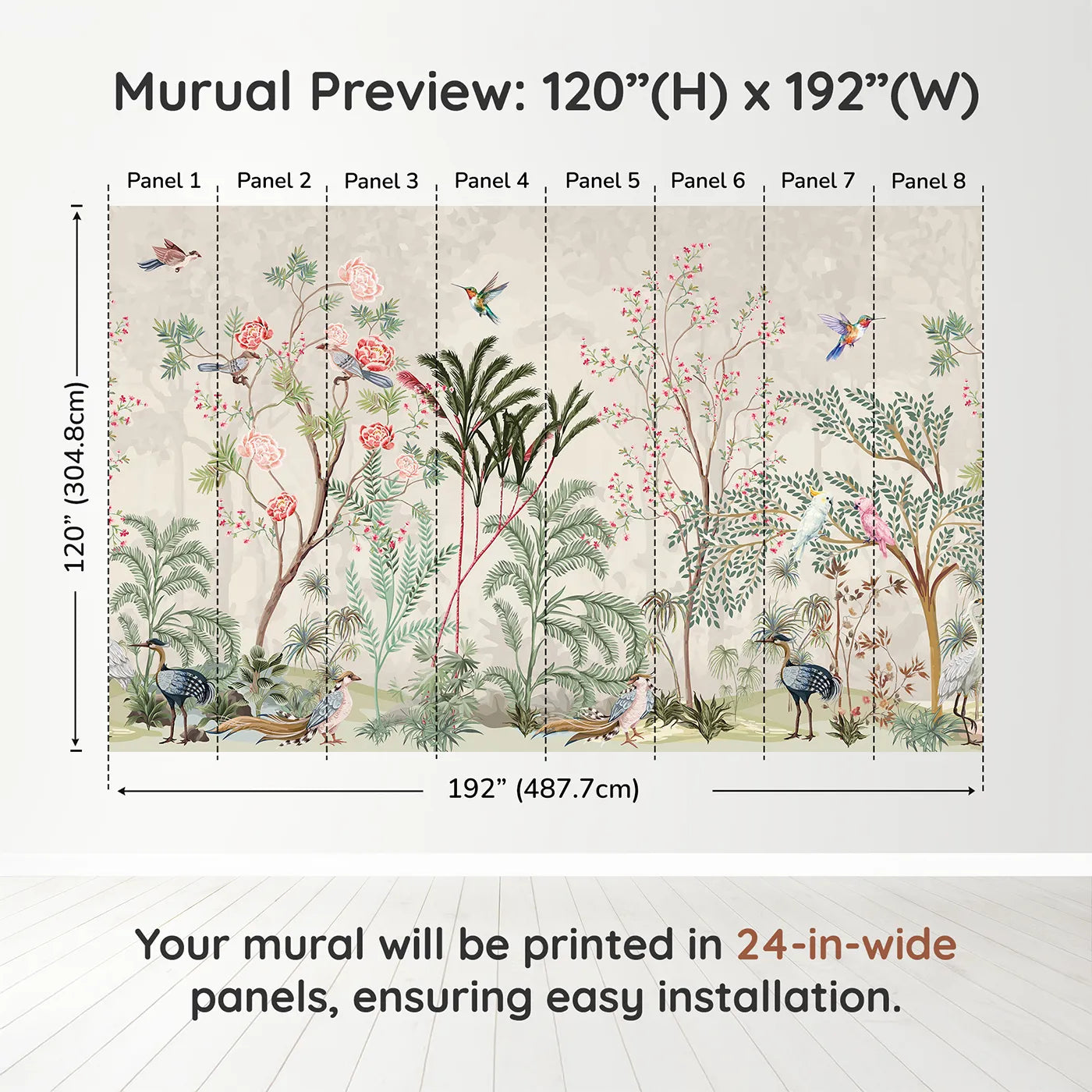 Whimsy Tots Exotic Bird Paradise Wall Muraldimension view (120" H x 192" W). Printed in eight 24-inch-wide panels. Gender-Neutral