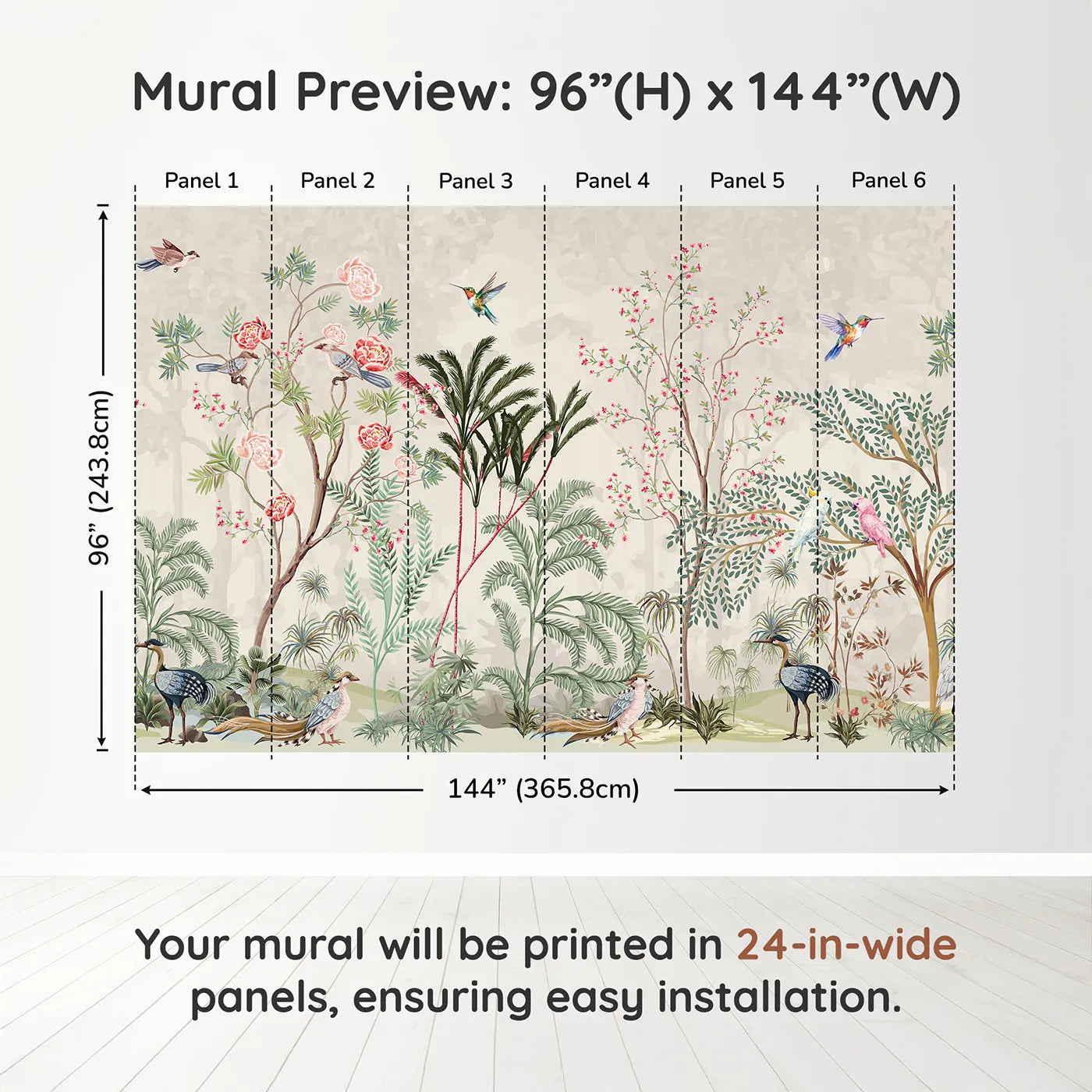 Whimsy Tots Exotic Bird Paradise Wall Muraldimension view (96" H x 144" W). Printed in six 24-inch-wide panels. Gender-Neutral